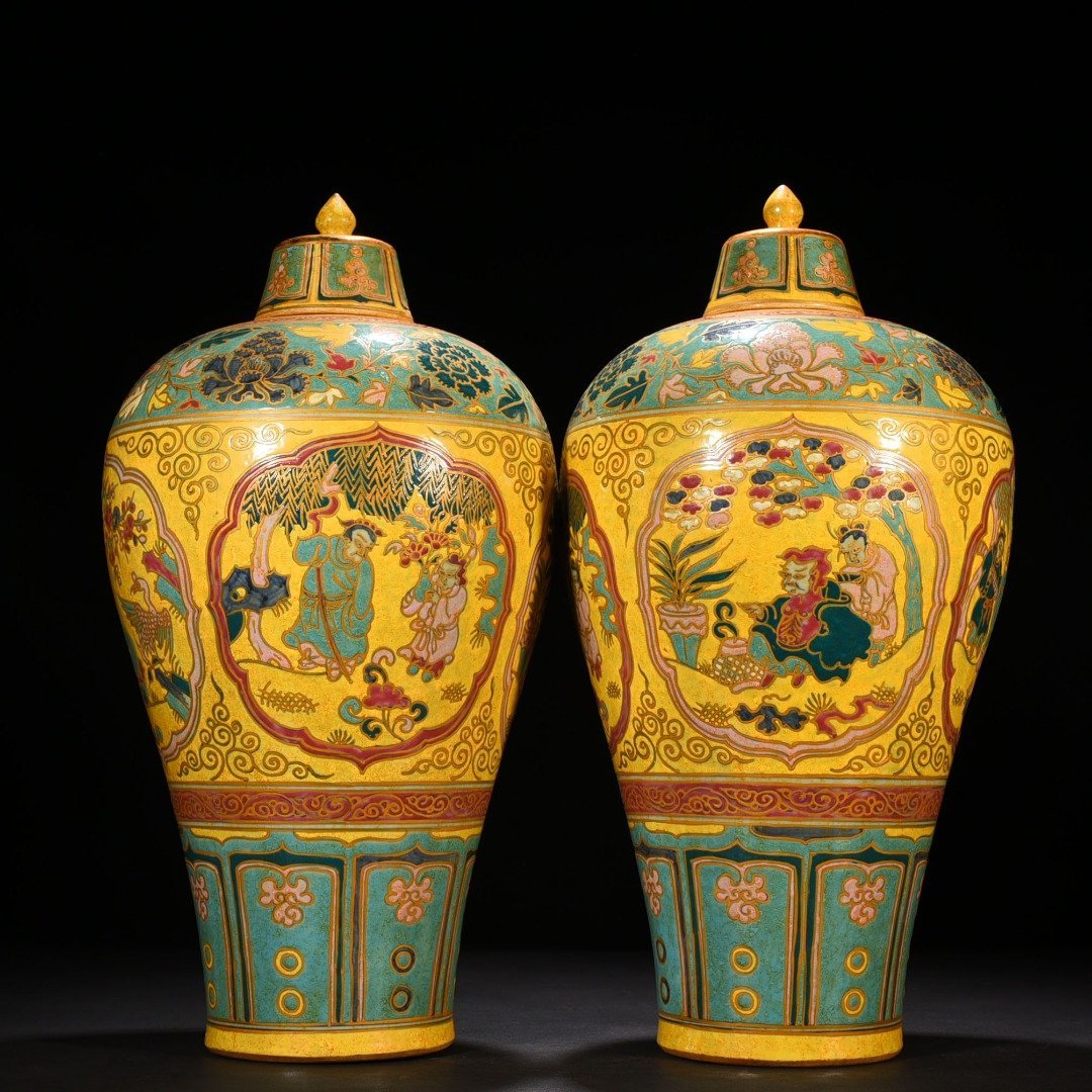 Yuan Dynasty yellow ground multi-color gold painted plum vase with four lovers pattern