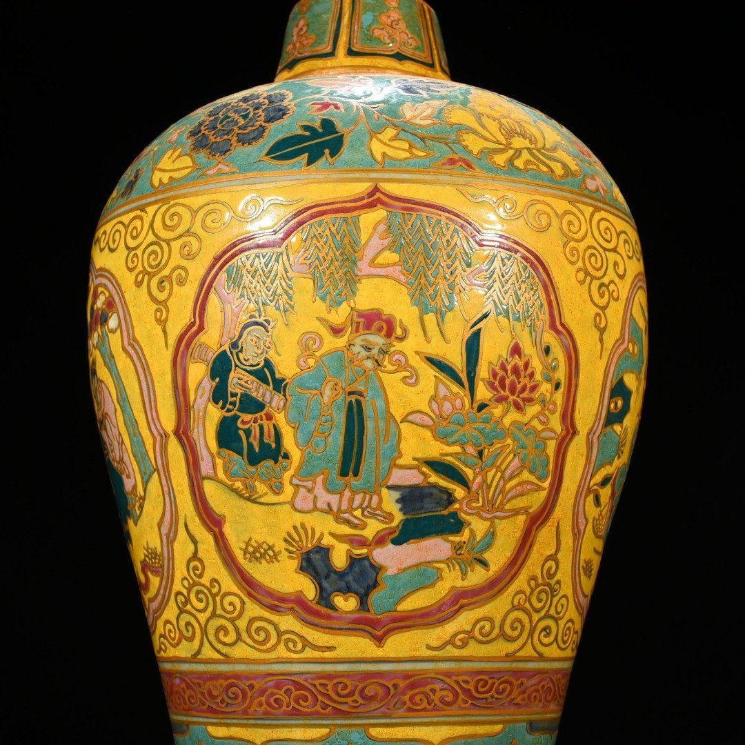 Yuan Dynasty yellow ground multi-color gold painted plum vase with four lovers pattern