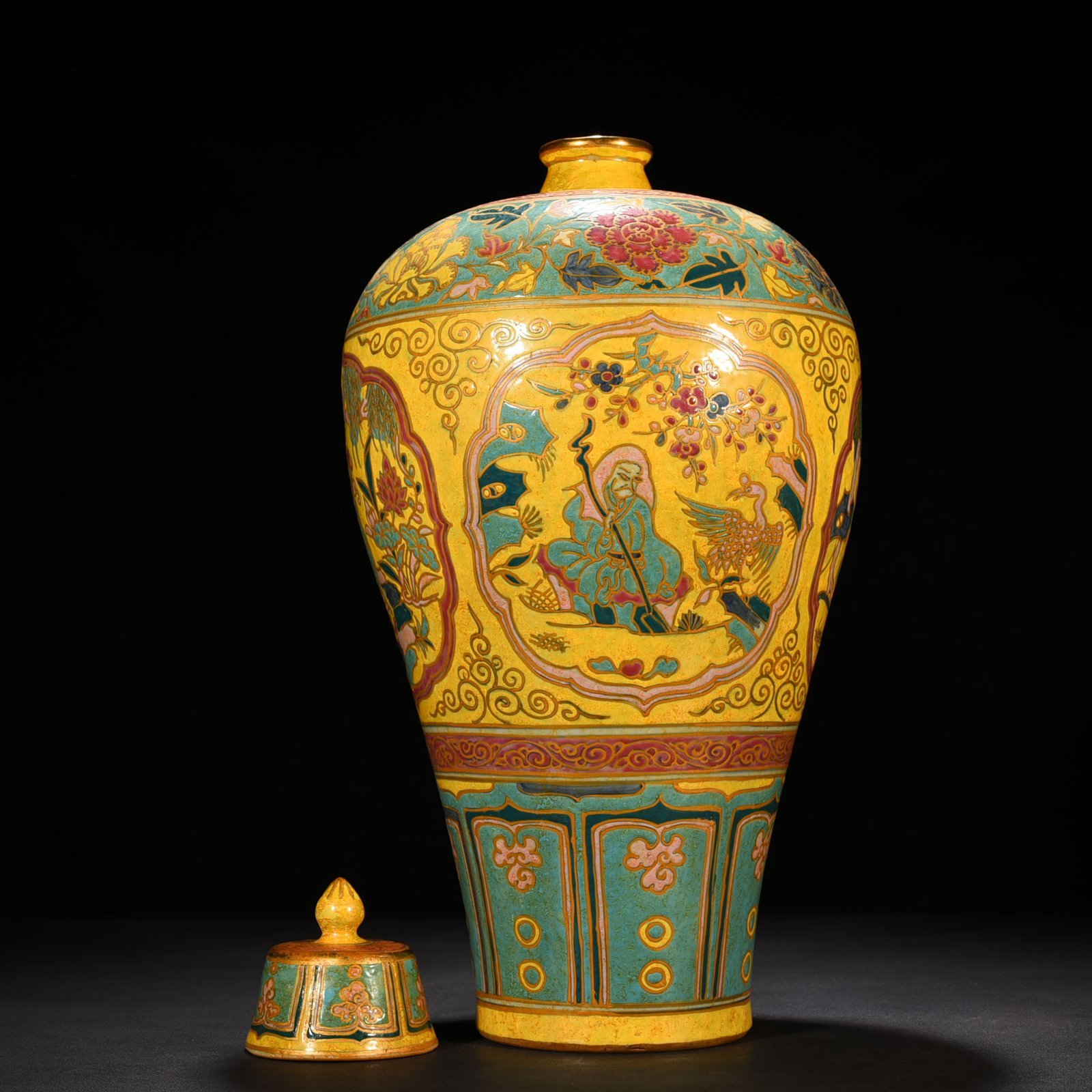 Yuan Dynasty yellow ground multi-color gold painted plum vase with four lovers pattern