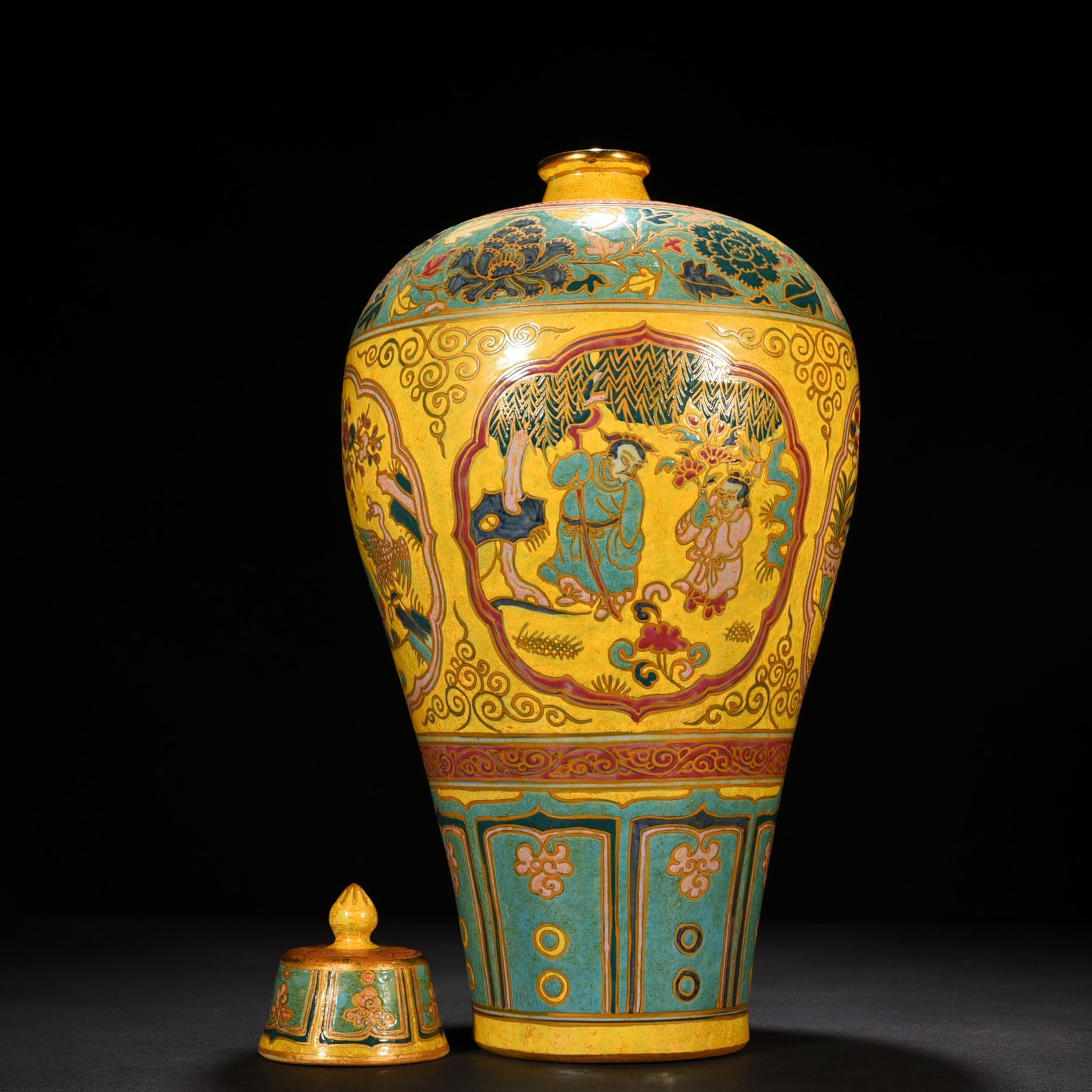 Yuan Dynasty yellow ground multi-color gold painted plum vase with four lovers pattern
