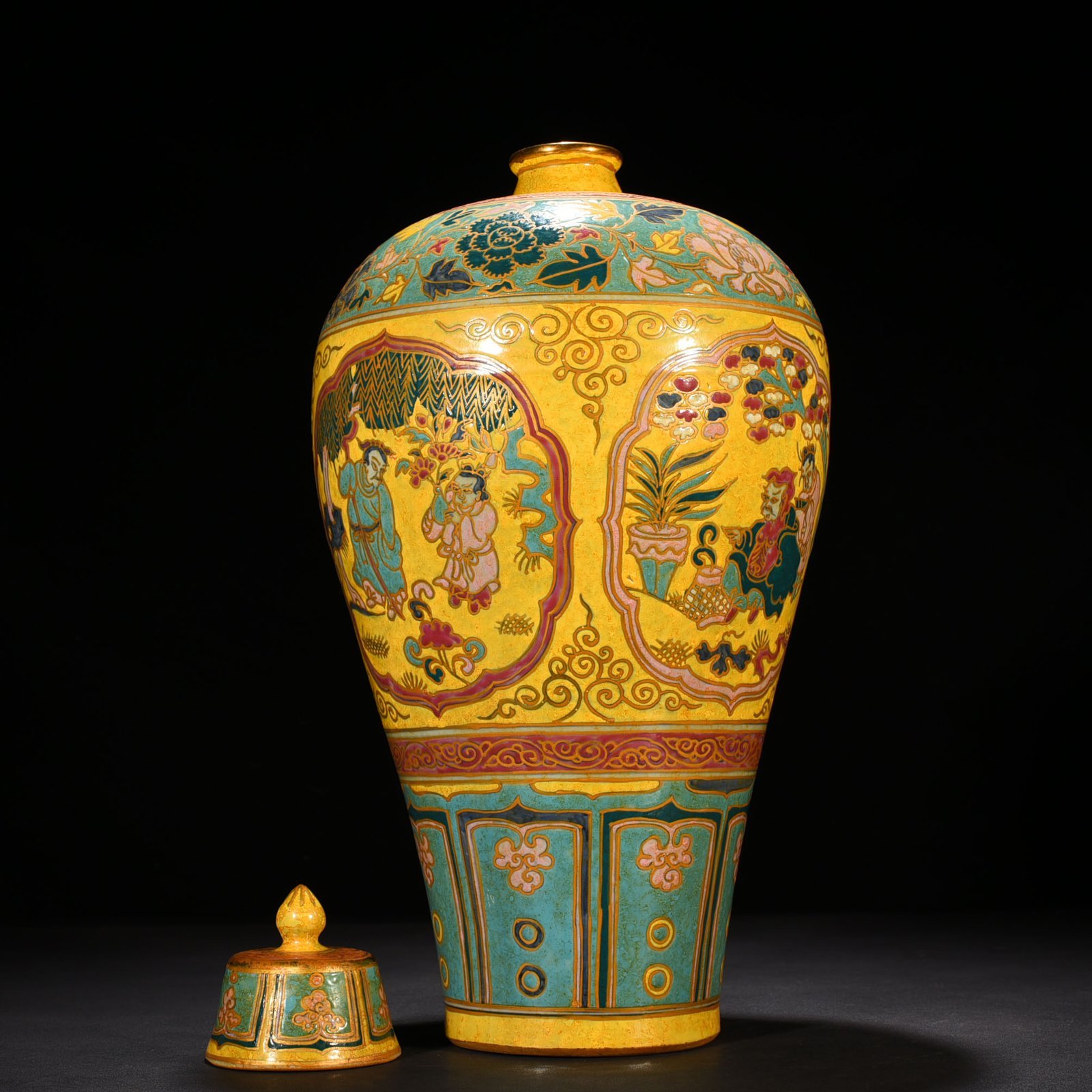 Yuan Dynasty yellow ground multi-color gold painted plum vase with four lovers pattern