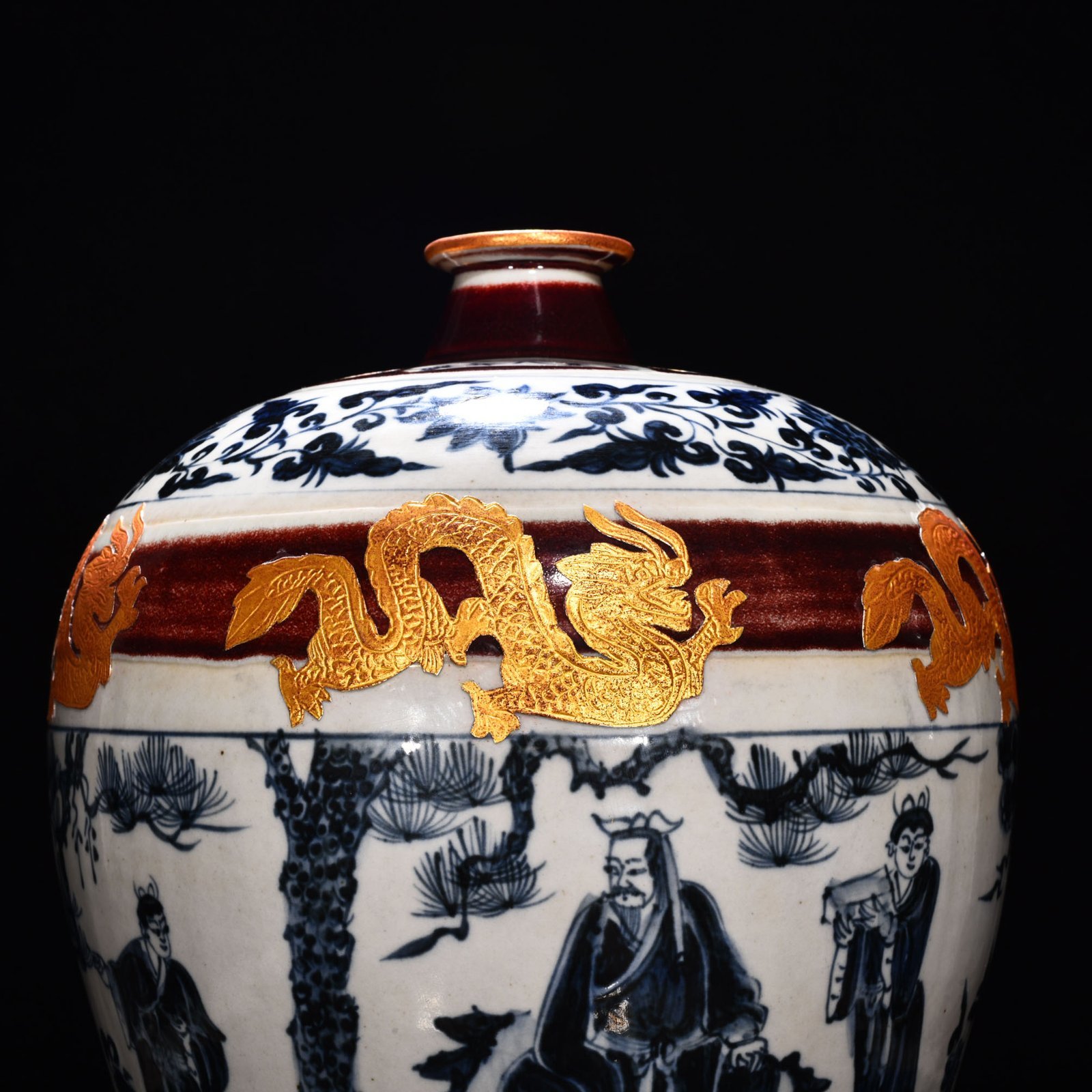 Yuan Dynasty A blue and white three-view thatched cottage gilt plum vase