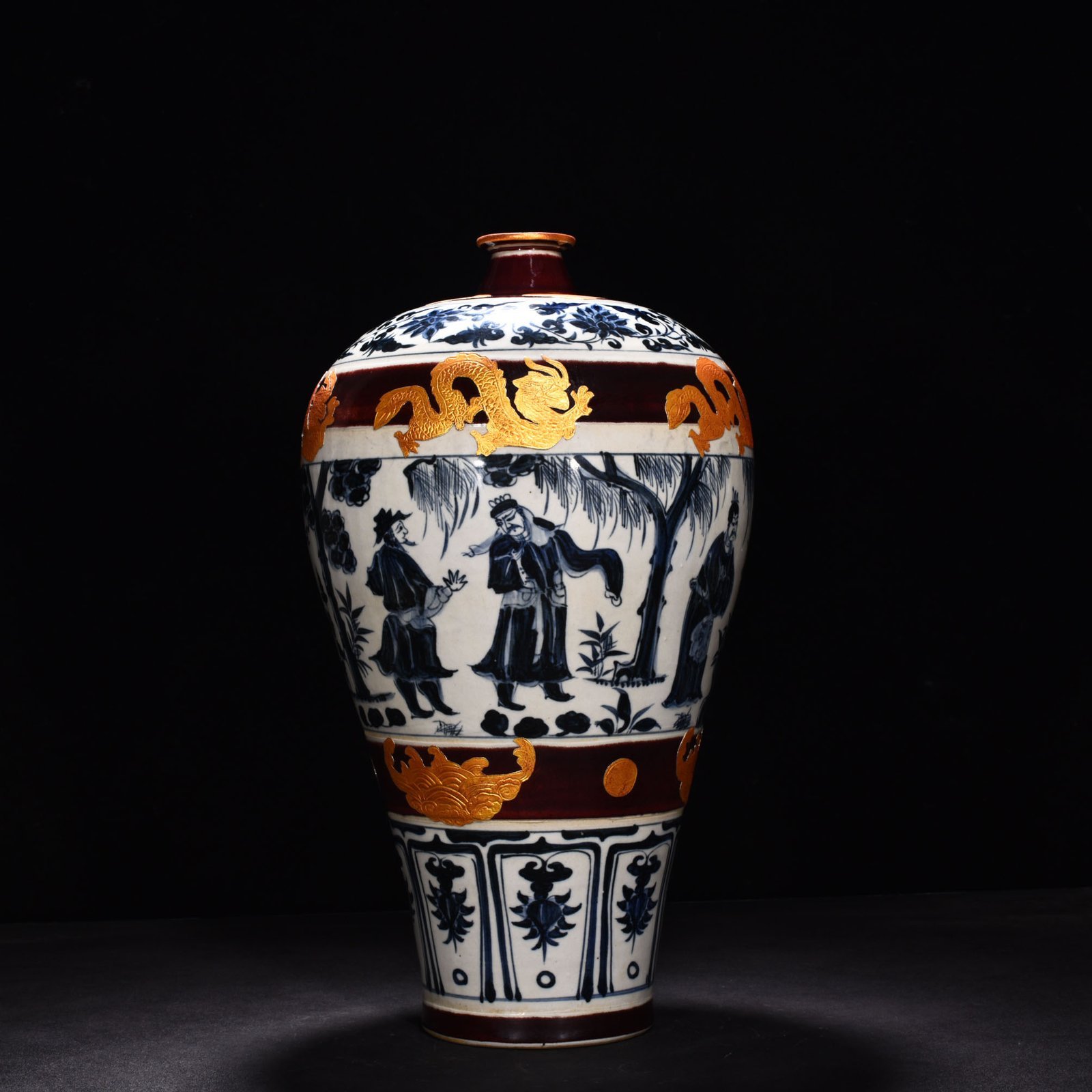 Yuan Dynasty A blue and white three-view thatched cottage gilt plum vase