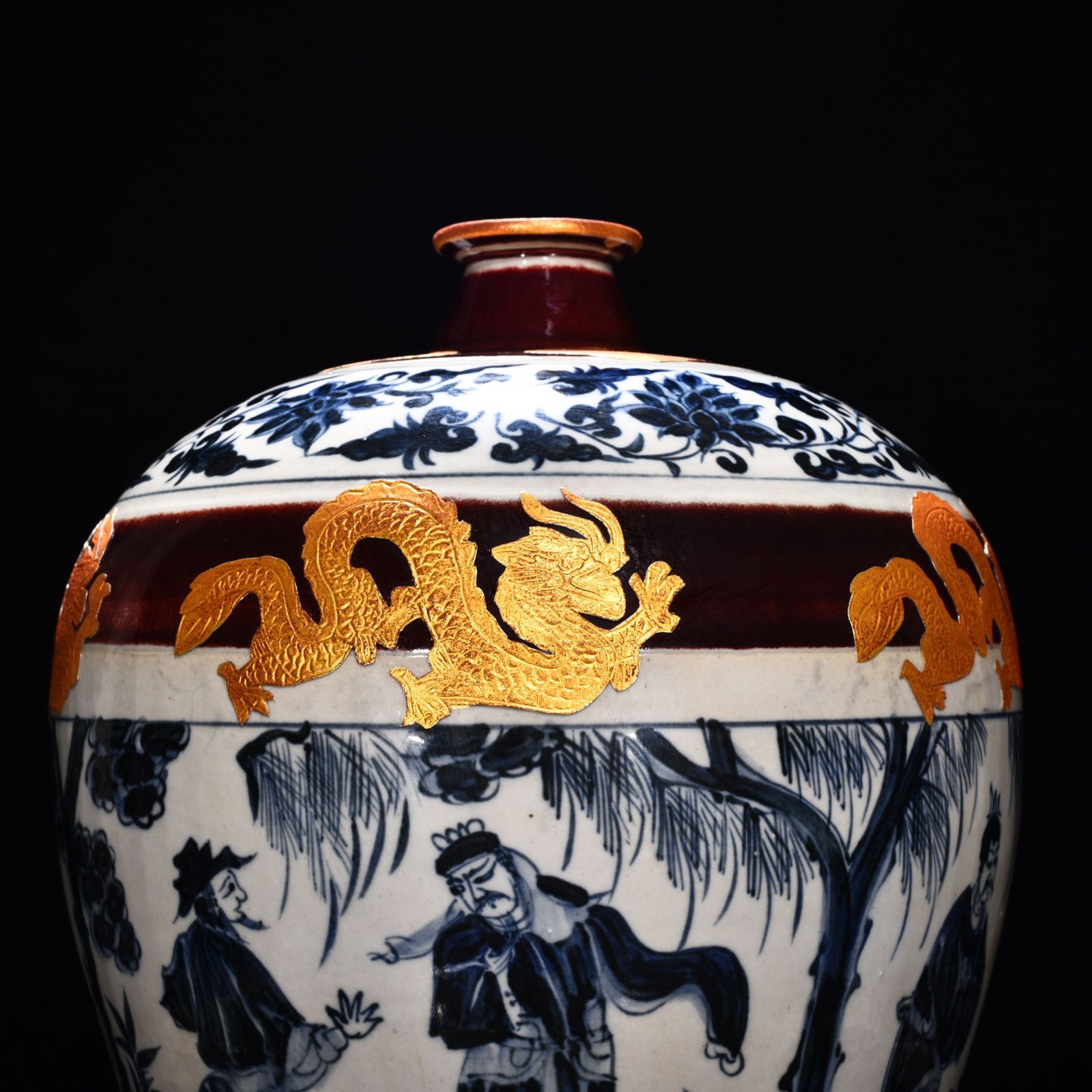 Yuan Dynasty A blue and white three-view thatched cottage gilt plum vase