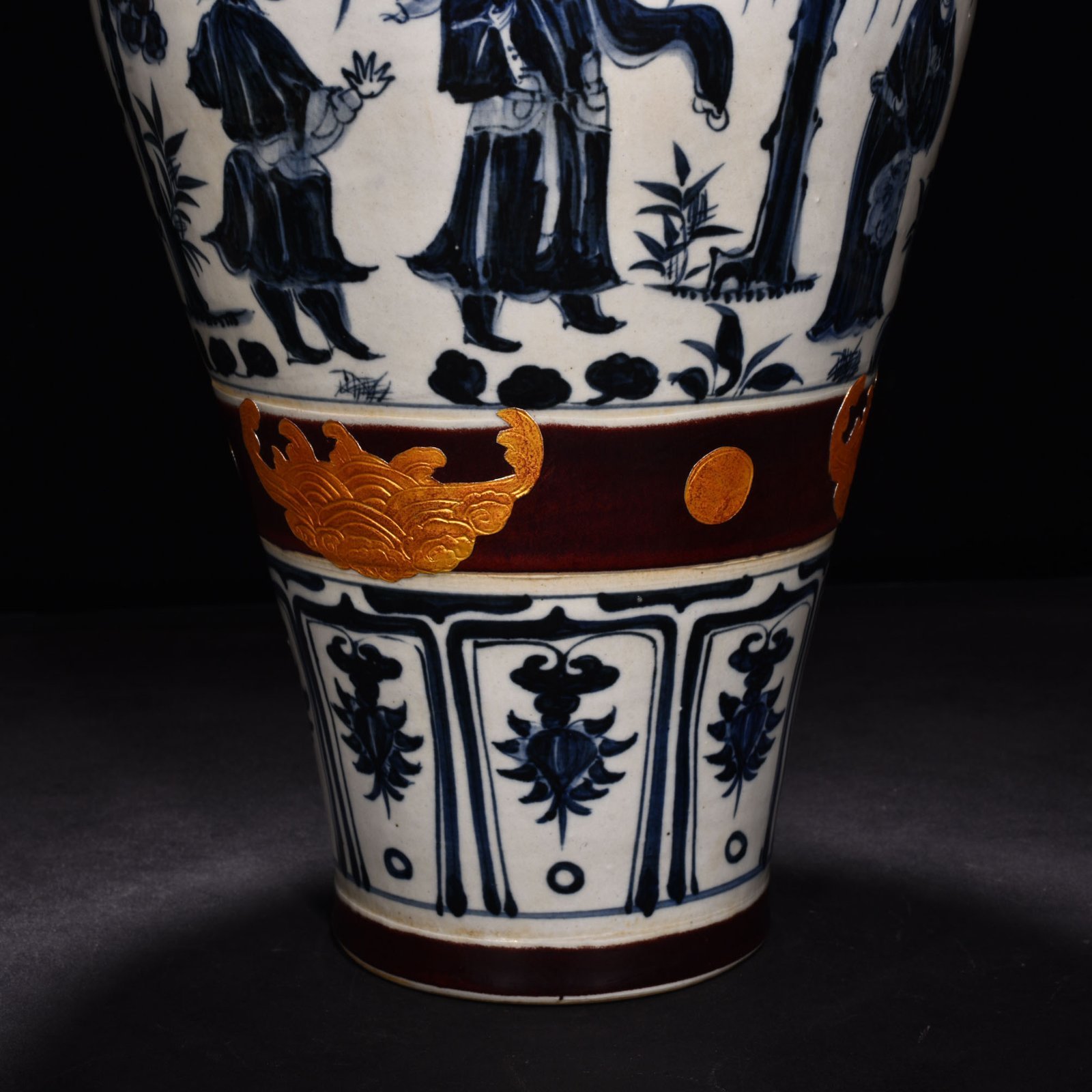 Yuan Dynasty A blue and white three-view thatched cottage gilt plum vase