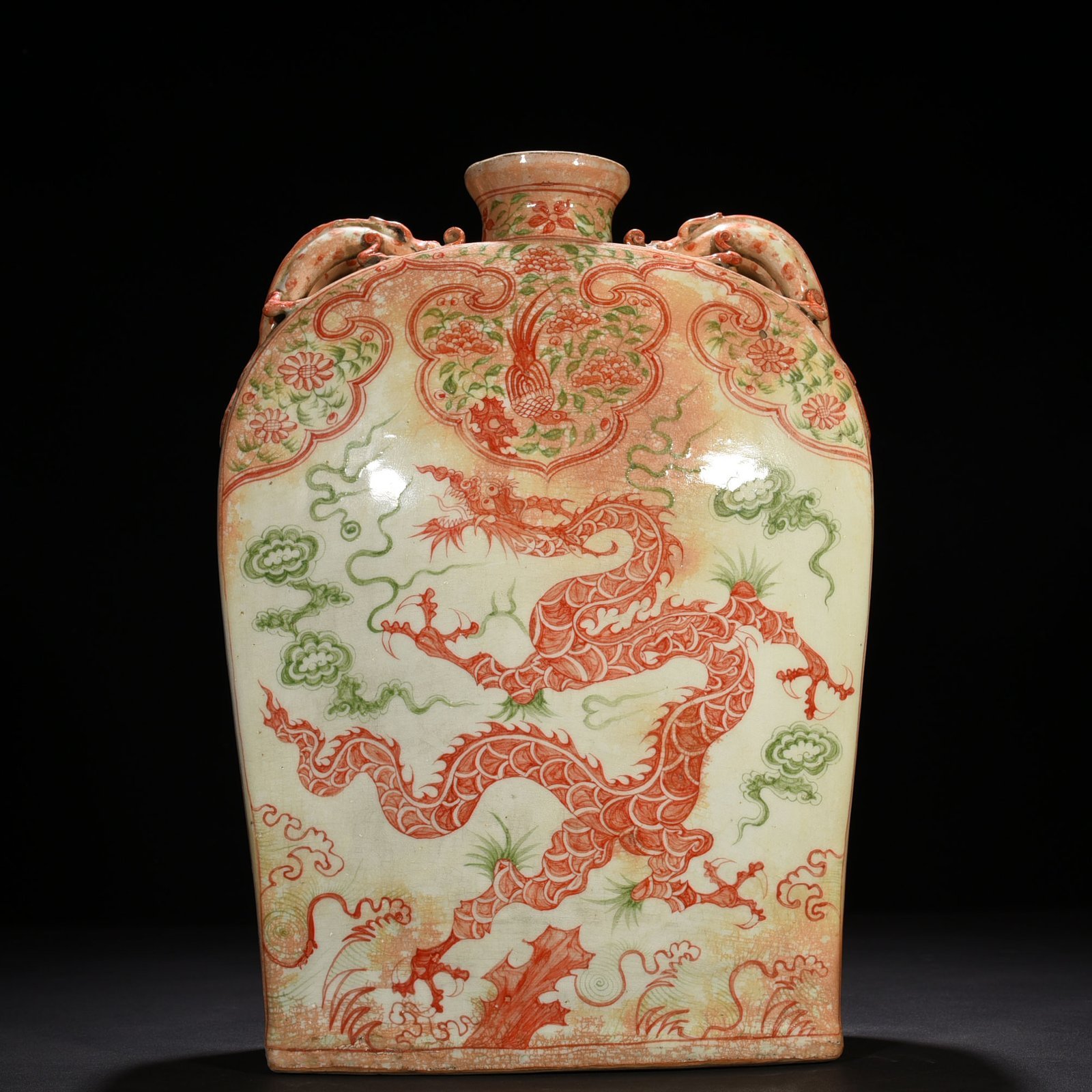 Yuan Dynasty underglaze red and green cloud and dragon pattern four series flat vase