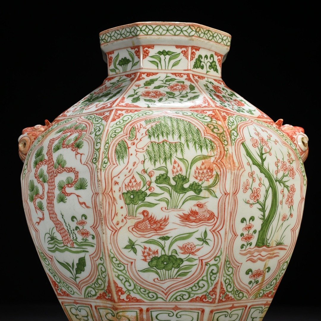 Yuan Dynasty underglaze red and green colored pine bamboo plum and lotus jar