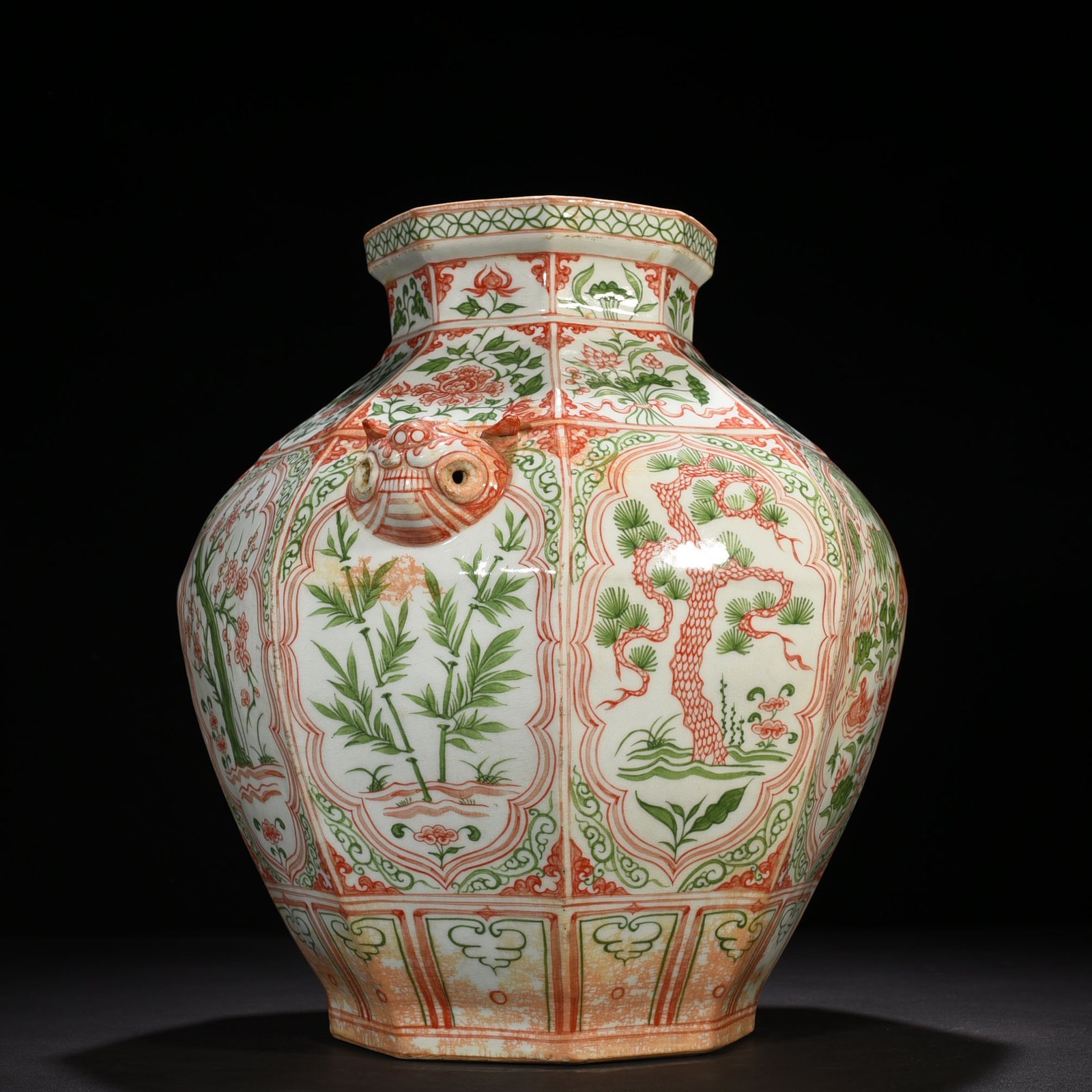 Yuan Dynasty underglaze red and green colored pine bamboo plum and lotus jar