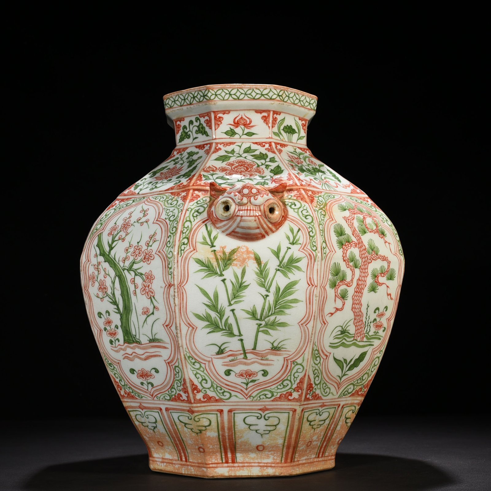 Yuan Dynasty underglaze red and green colored pine bamboo plum and lotus jar