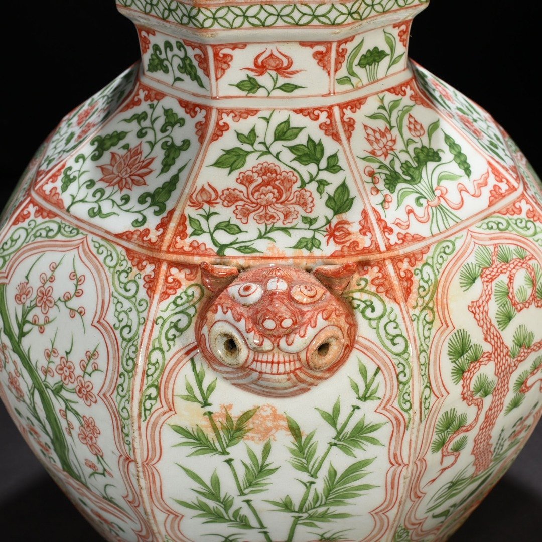 Yuan Dynasty underglaze red and green colored pine bamboo plum and lotus jar