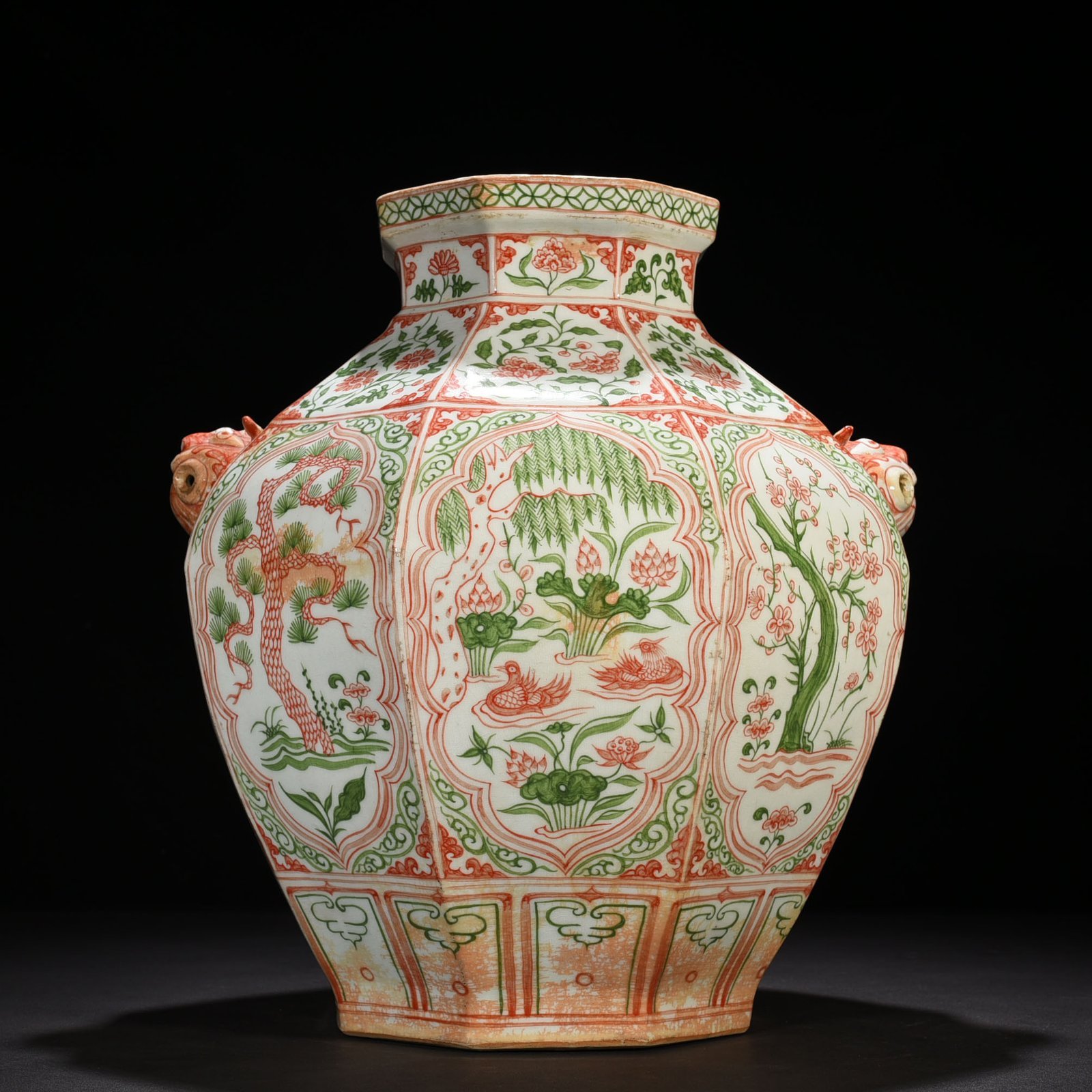 Yuan Dynasty underglaze red and green colored pine bamboo plum and lotus jar