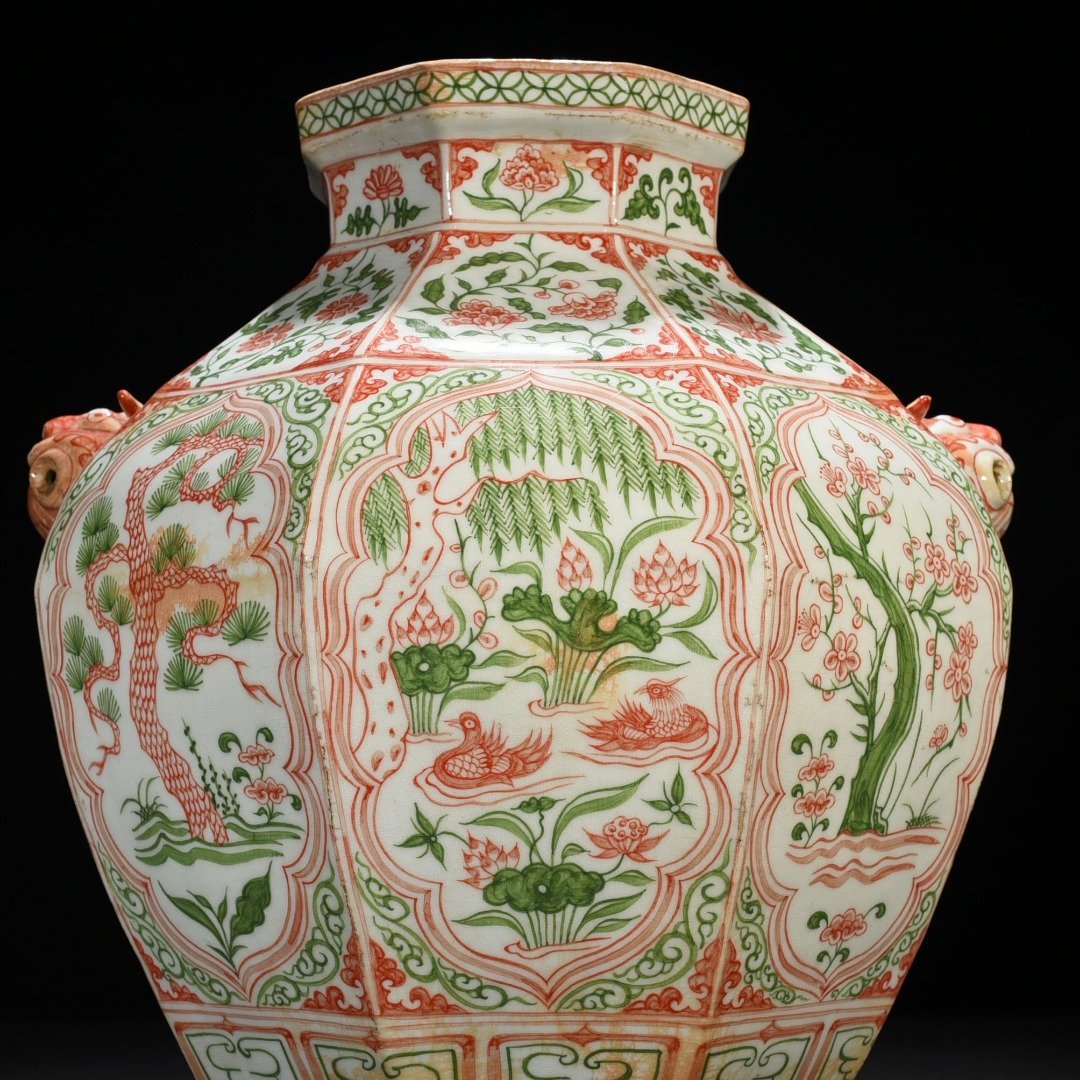 Yuan Dynasty underglaze red and green colored pine bamboo plum and lotus jar