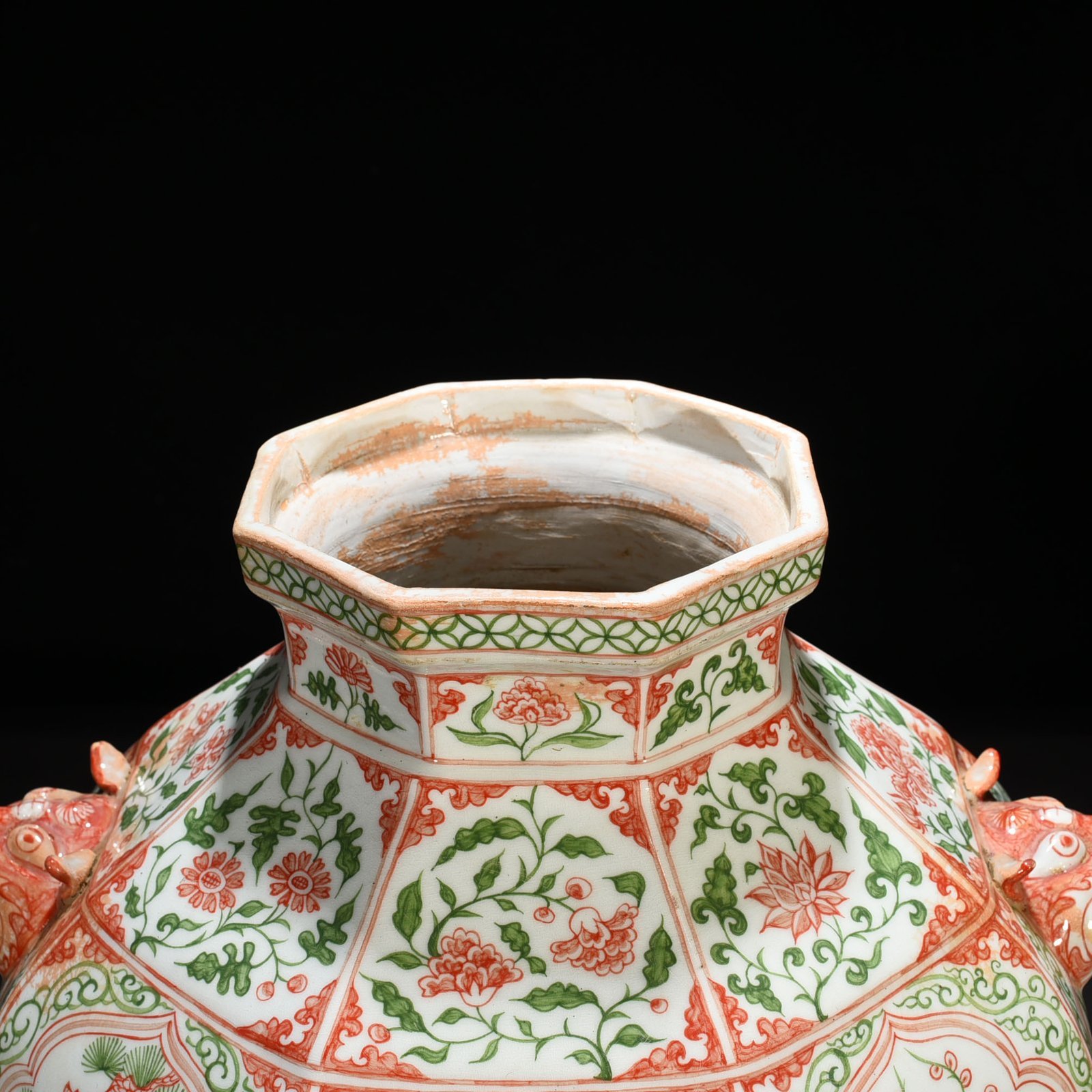 Yuan Dynasty underglaze red and green colored pine bamboo plum and lotus jar