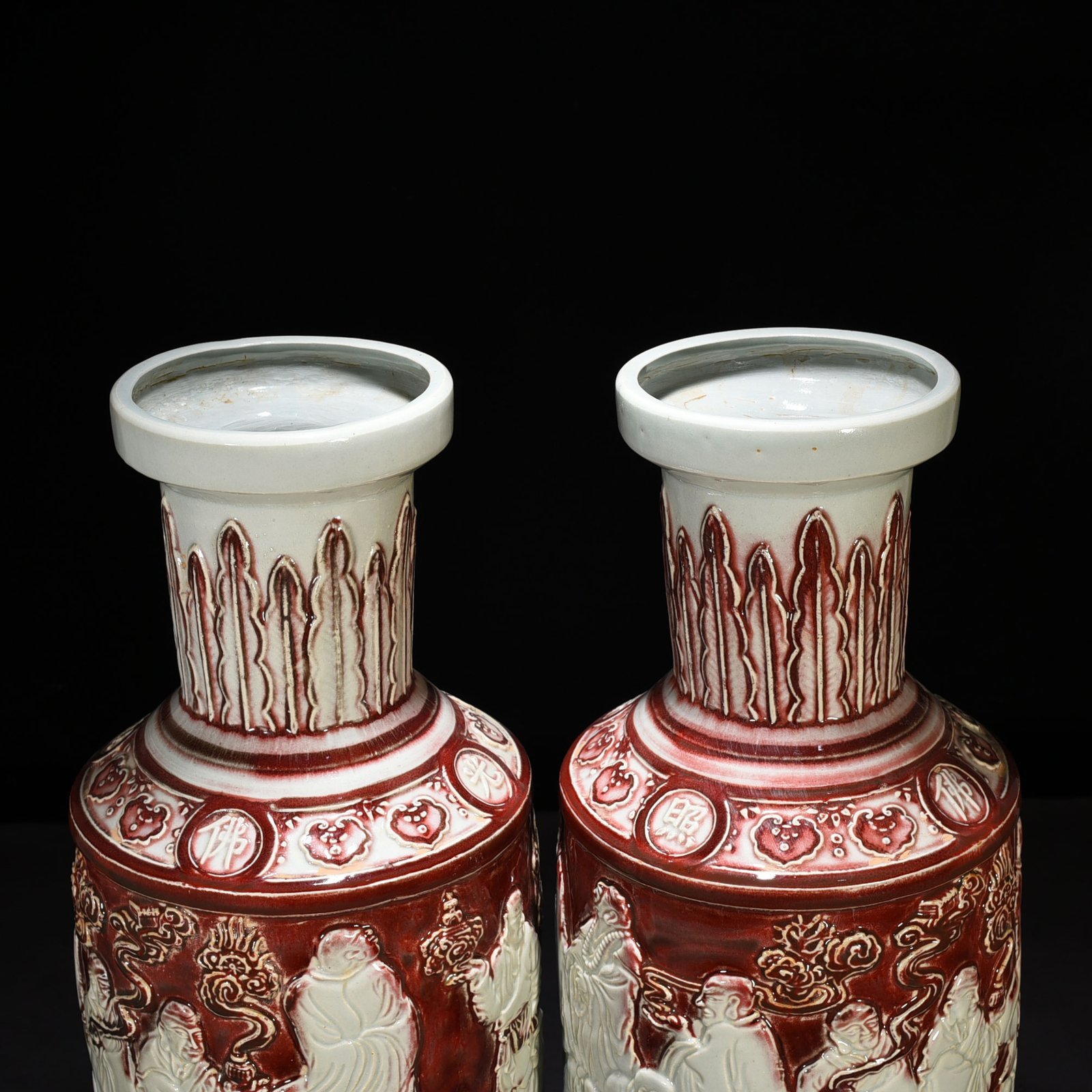 Yuan Dynasty underglaze red carved mallet vase with eighteen arhat figures