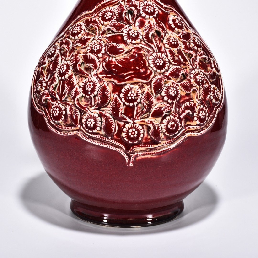 Yuan Dynasty red glaze plastic mandarin duck flower pattern animal ears flower mouth jade pot