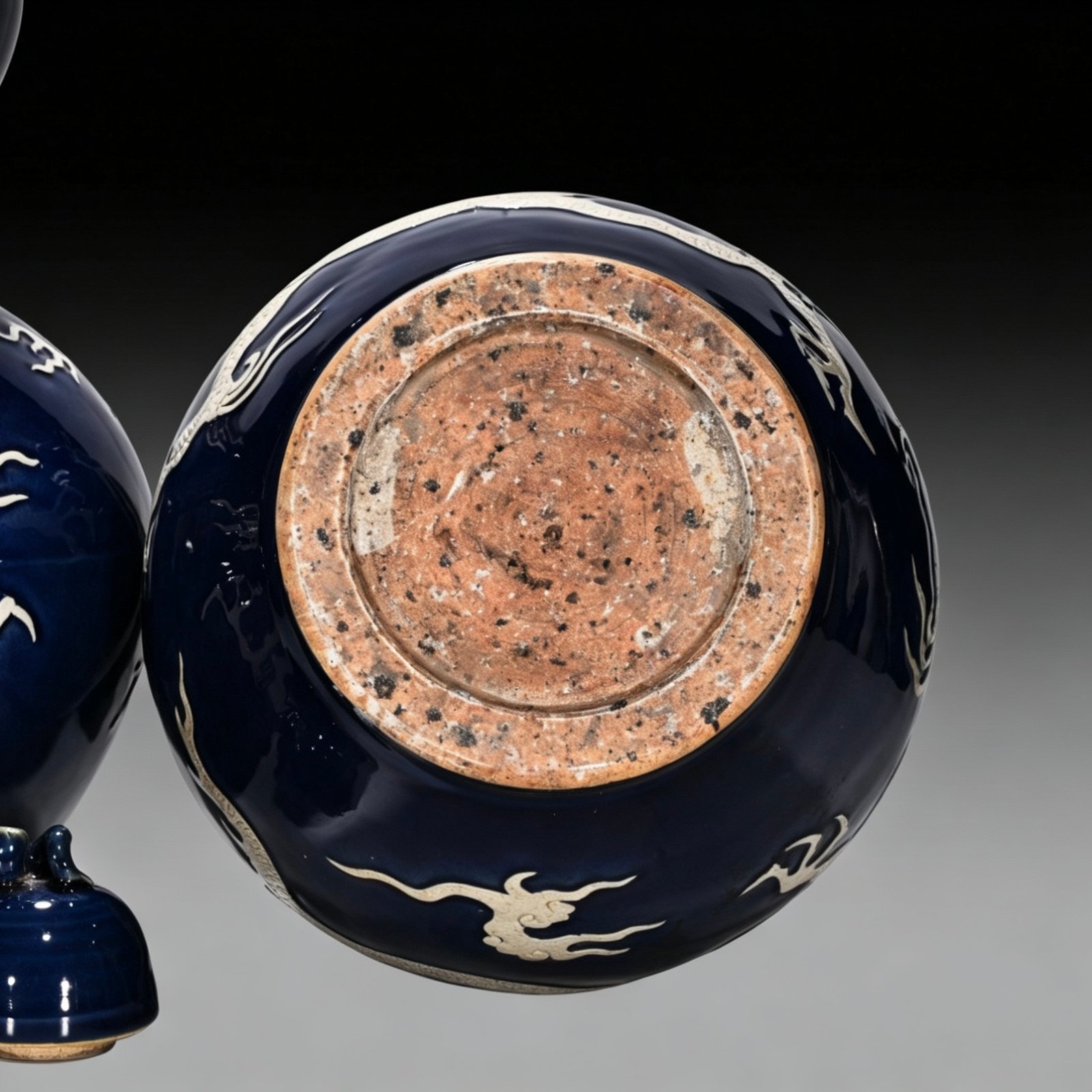 Yuan Dynasty blue gourd bottle with white engraved cloud and dragon pattern
