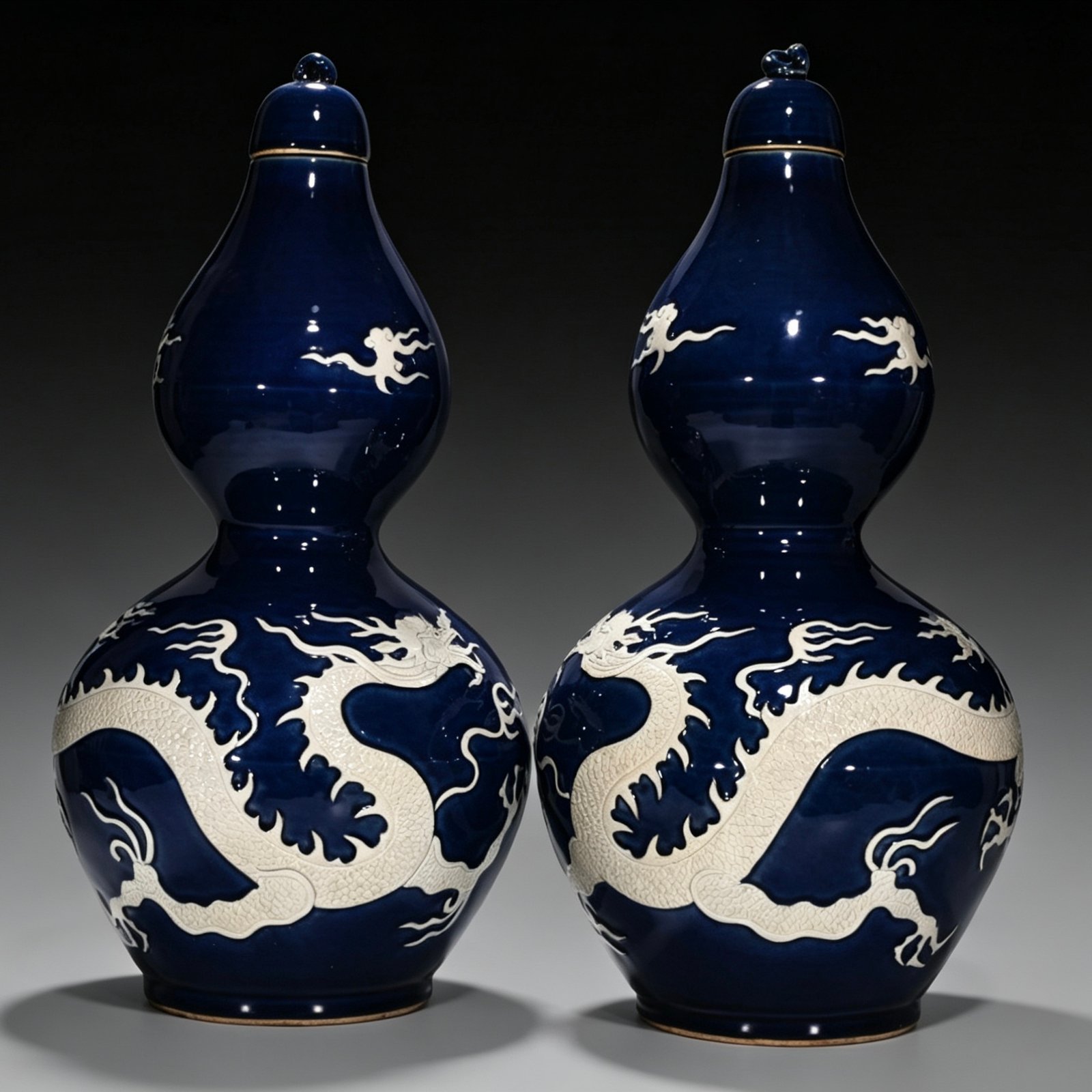Yuan Dynasty blue gourd bottle with white engraved cloud and dragon pattern