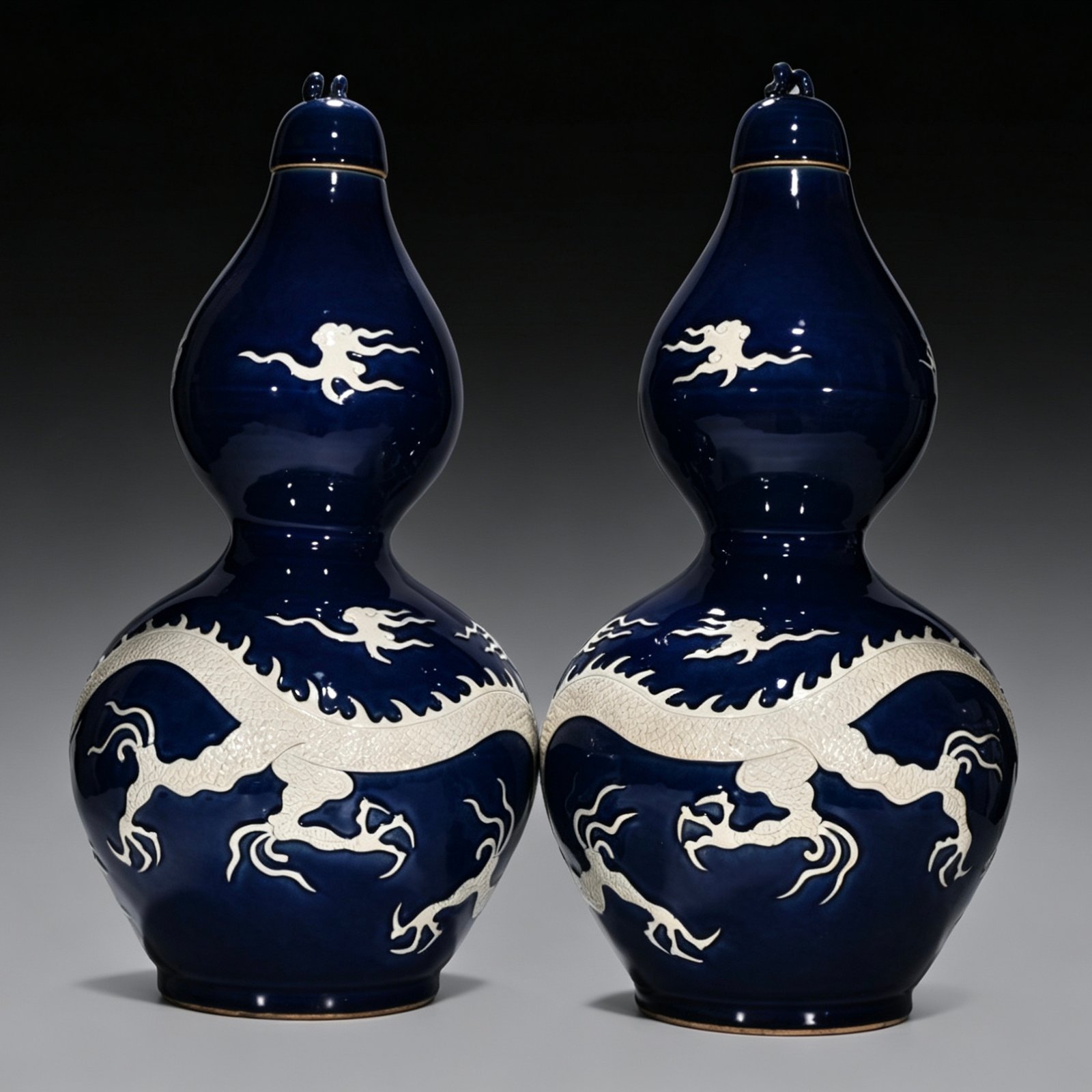 Yuan Dynasty blue gourd bottle with white engraved cloud and dragon pattern