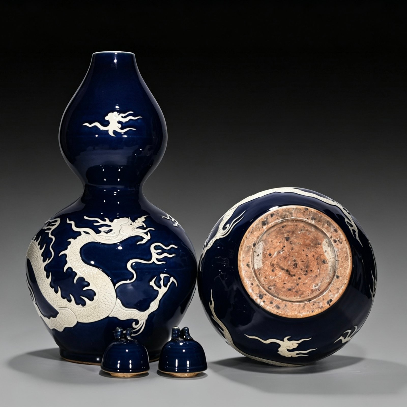 Yuan Dynasty blue gourd bottle with white engraved cloud and dragon pattern