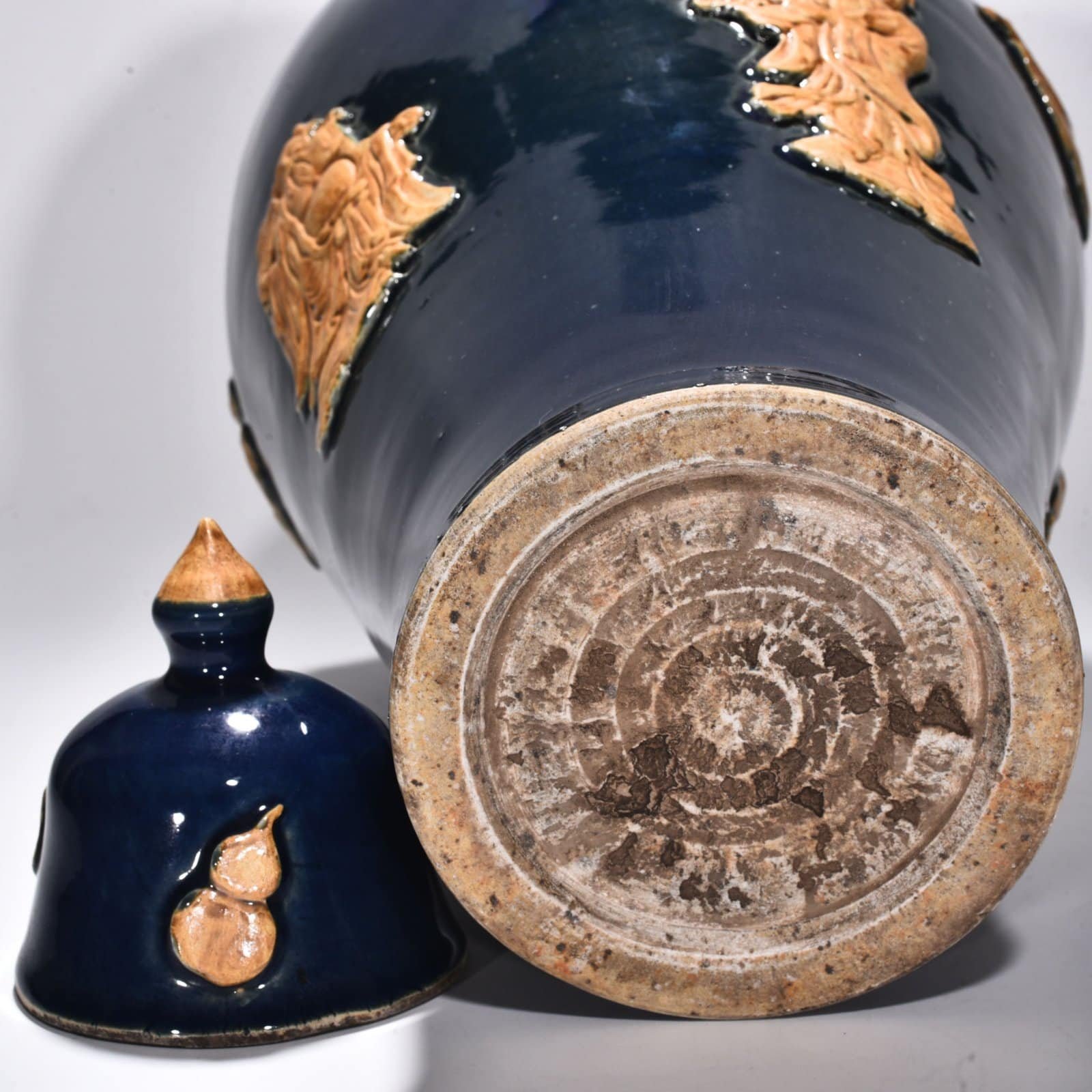 Yuan Dynasty blue glaze embossed plum vase with figures of the Eight Immortals