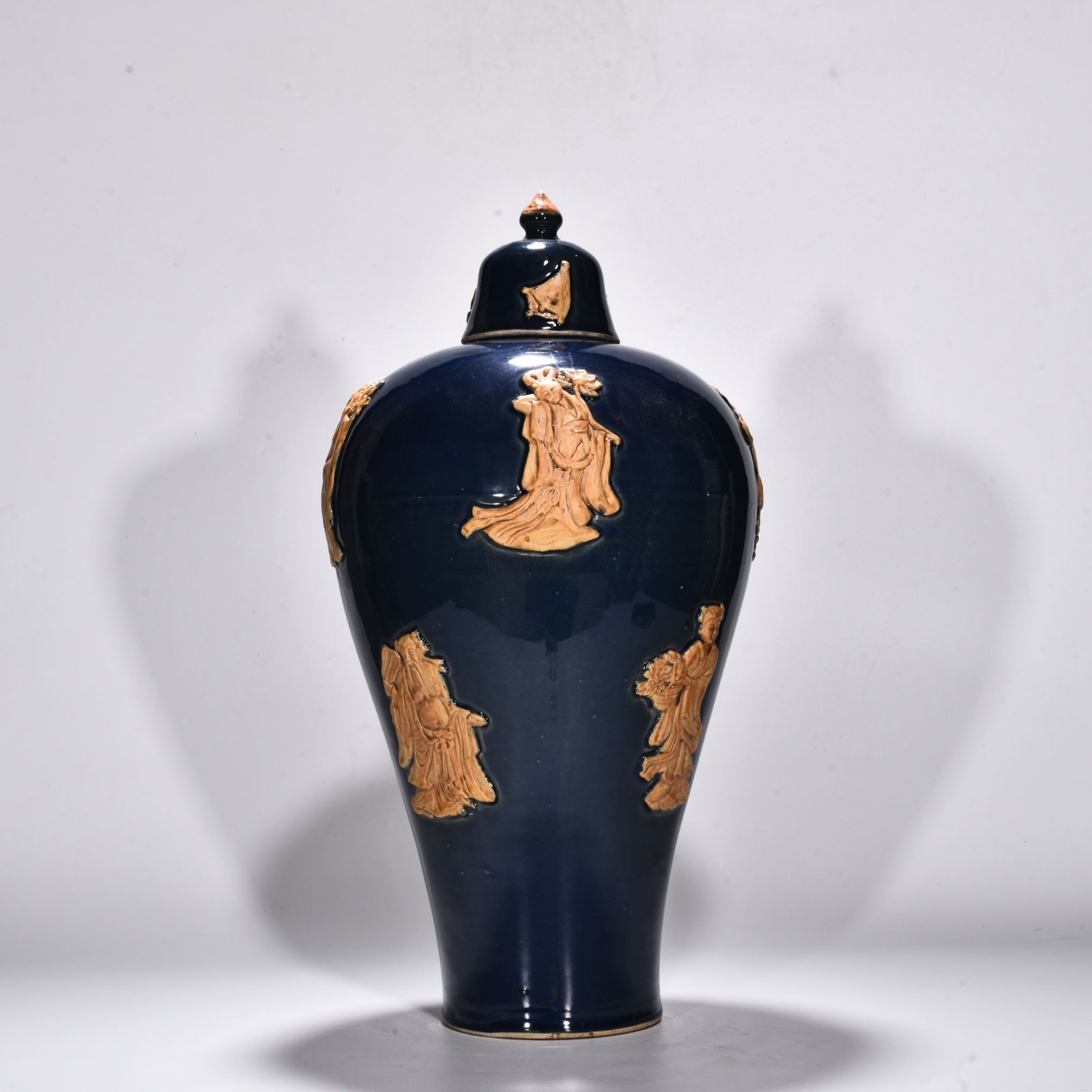 Yuan Dynasty blue glaze relief plum vase with figures of the Eight Immortals
