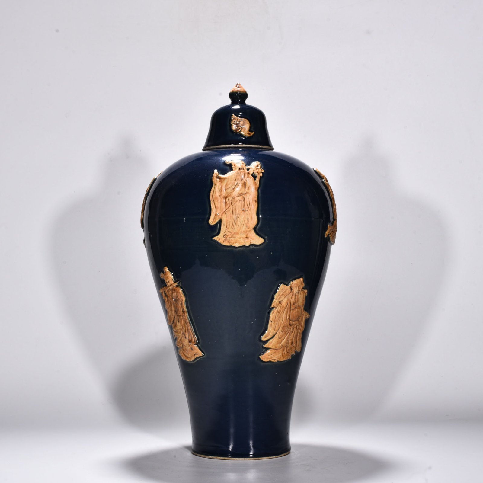 Yuan Dynasty blue glaze relief plum vase with figures of the Eight Immortals