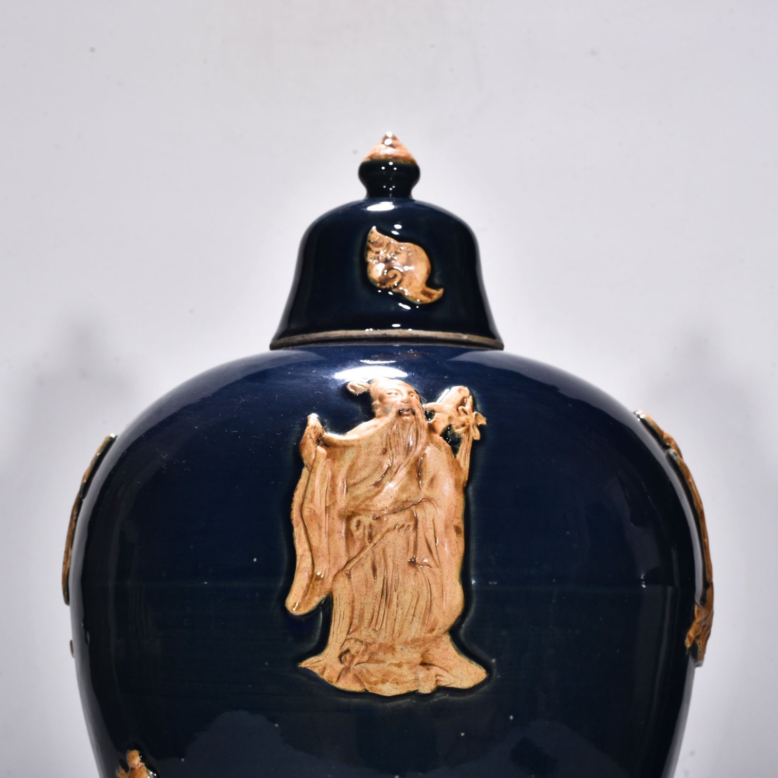 Yuan Dynasty blue glaze relief plum vase with figures of the Eight Immortals