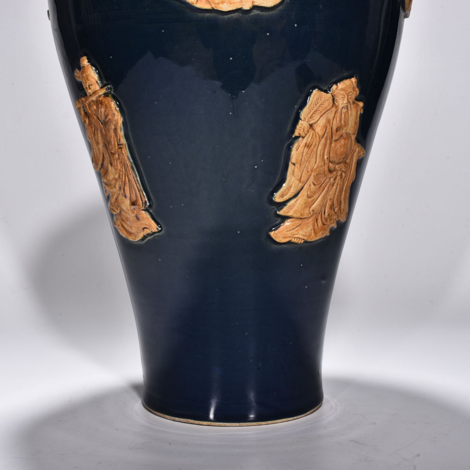 Yuan Dynasty blue glaze relief plum vase with figures of the Eight Immortals