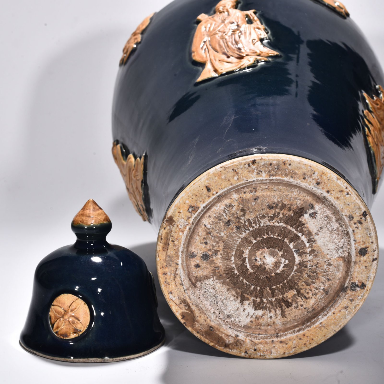Yuan Dynasty blue glaze relief plum vase with figures of the Eight Immortals