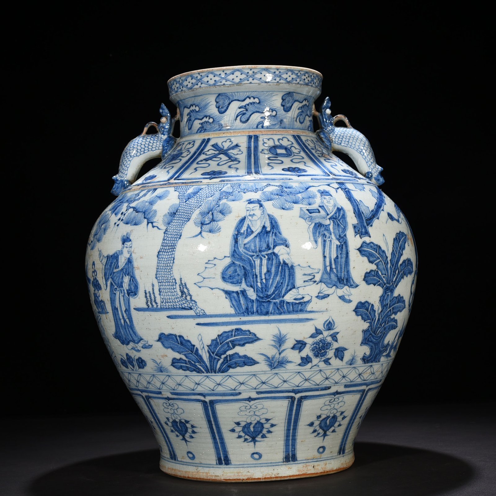 Yuan Dynasty blue and white large jar with two ears decorated with story of three visits