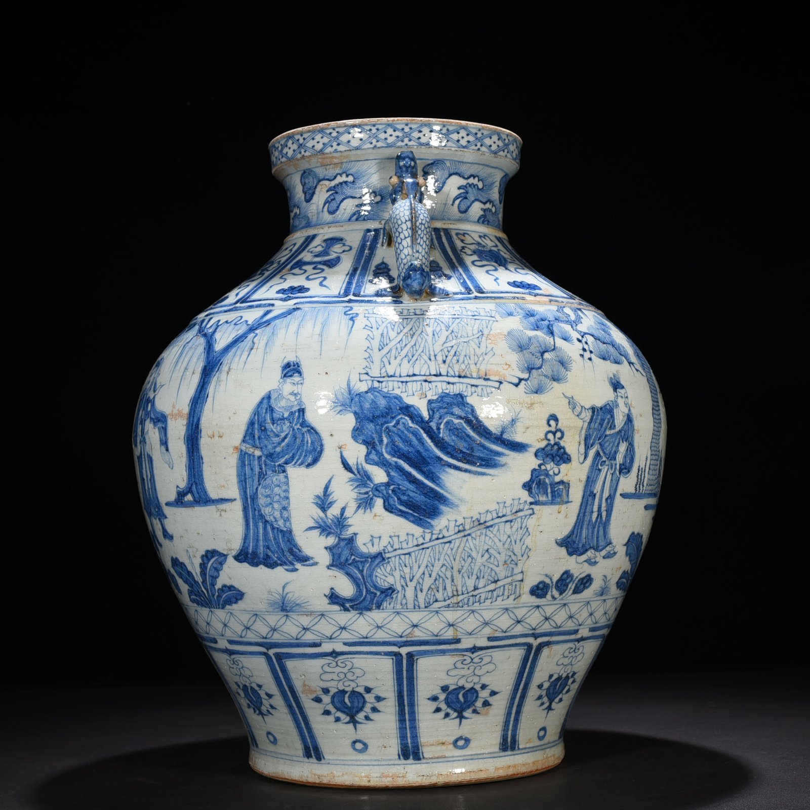 Yuan Dynasty blue and white large jar with two ears decorated with story of three visits