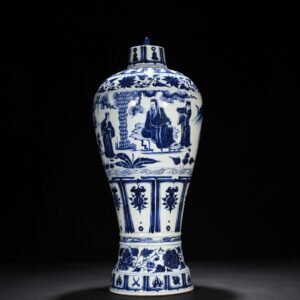 Yuan Dynasty blue and white three-visit thatched cottage figure plum vase