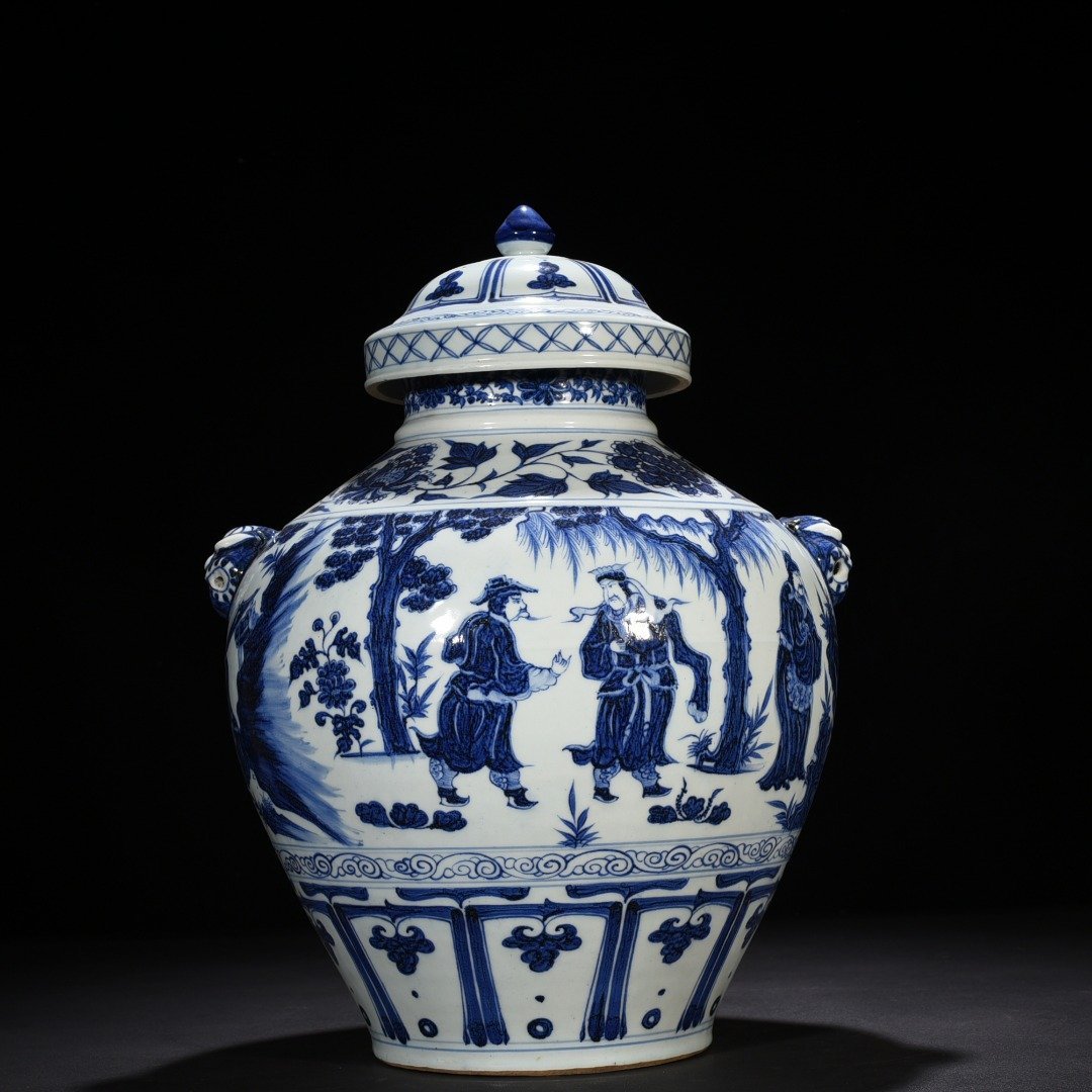 Yuan Dynasty blue and white three-visit thatched cottage figure jar with tiger head cover