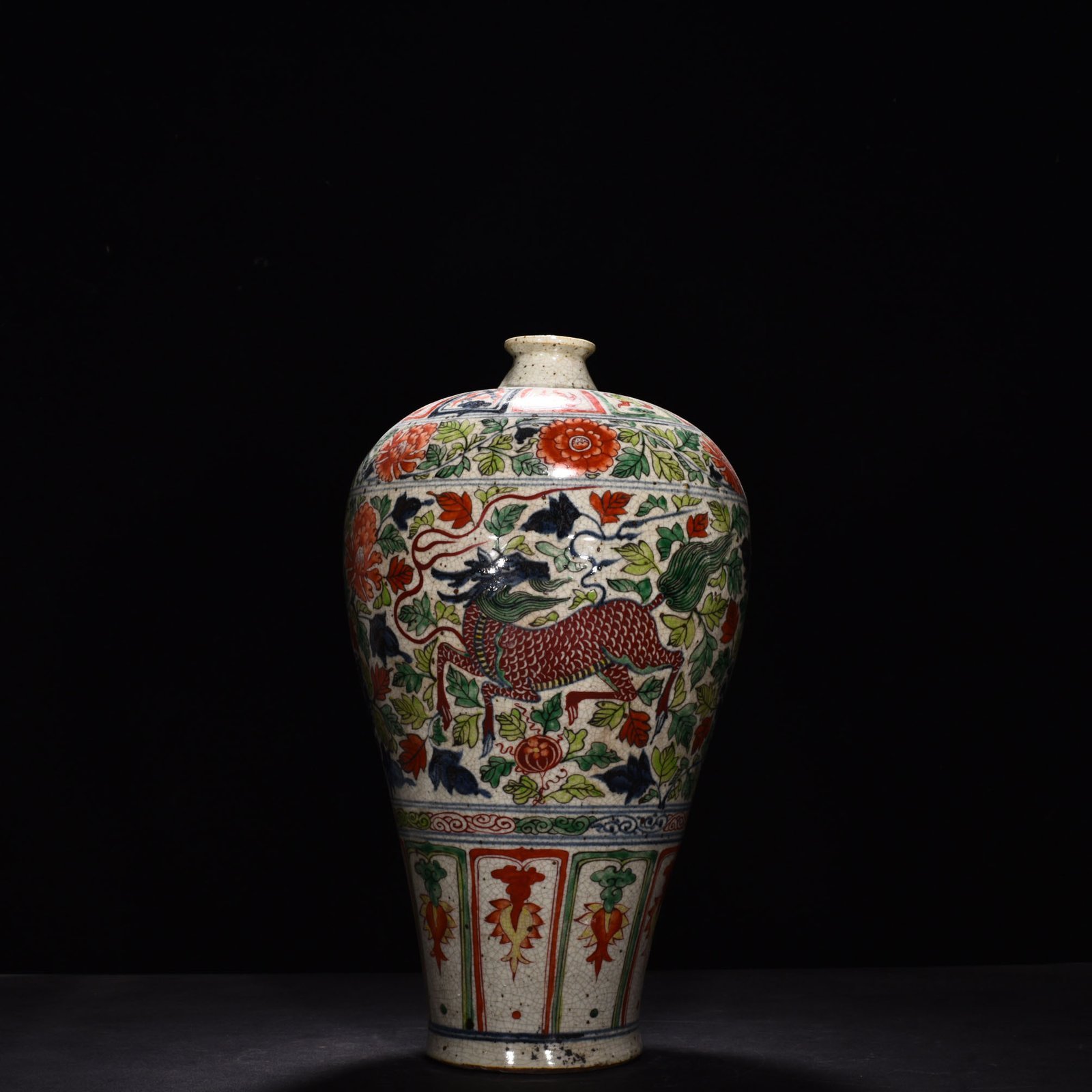 Yuan Dynasty blue and white multicolored unicorn flower pattern plum vase