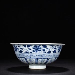 Yuan Dynasty blue and white carved peony flower fish and algae pattern bowl
