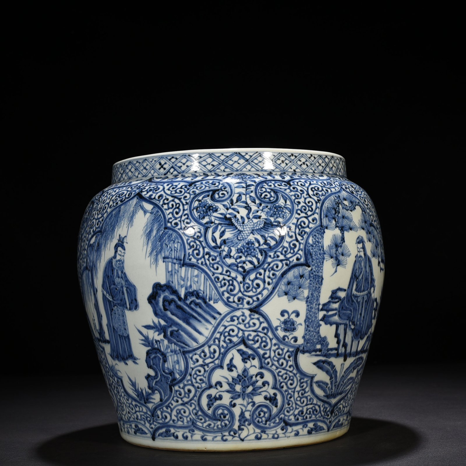 Yuan Dynasty blue and white vat with three views of figures