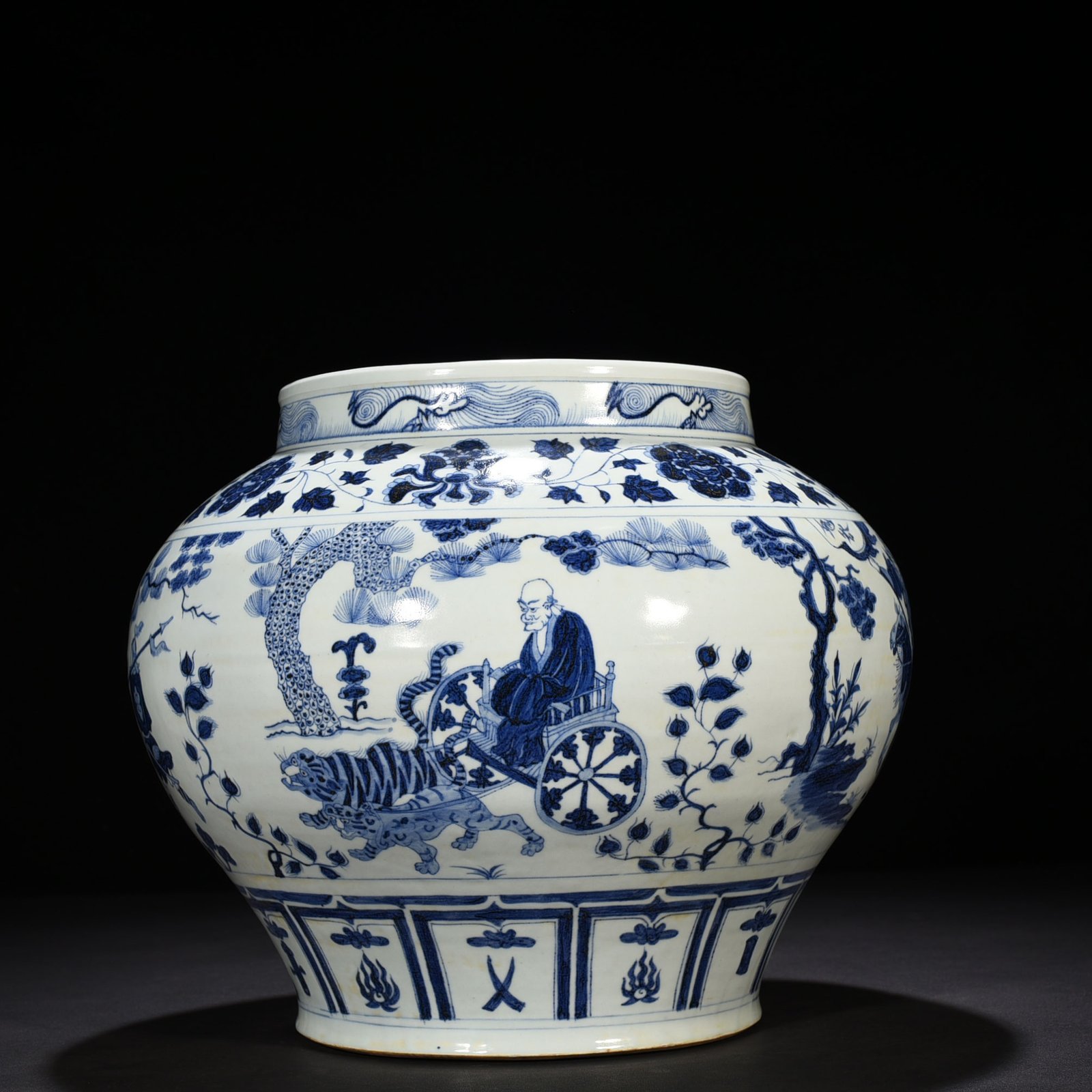 Yuan Dynasty blue and white Genghis Khan style jar with story patterns