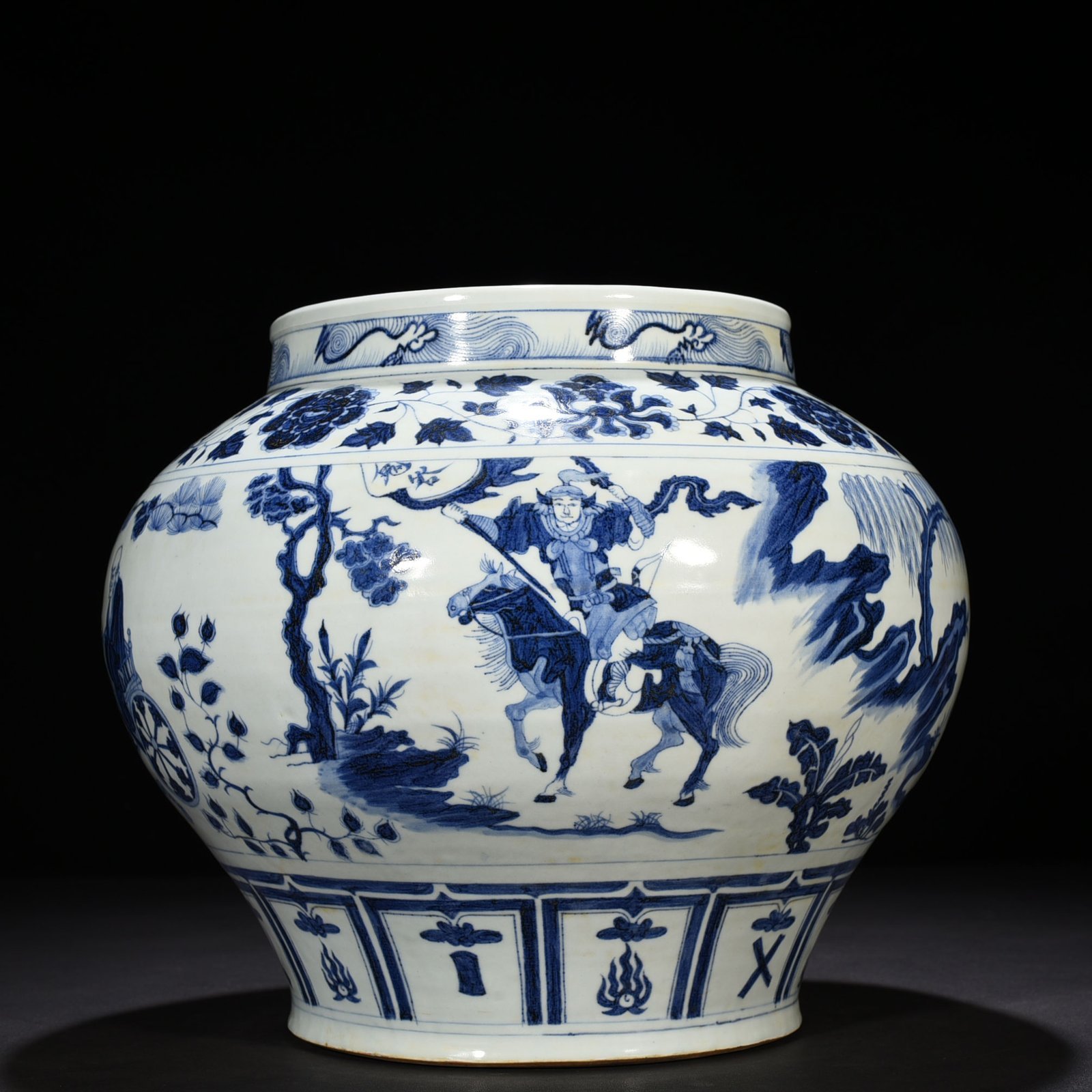 Yuan Dynasty blue and white Genghis Khan style jar with story patterns