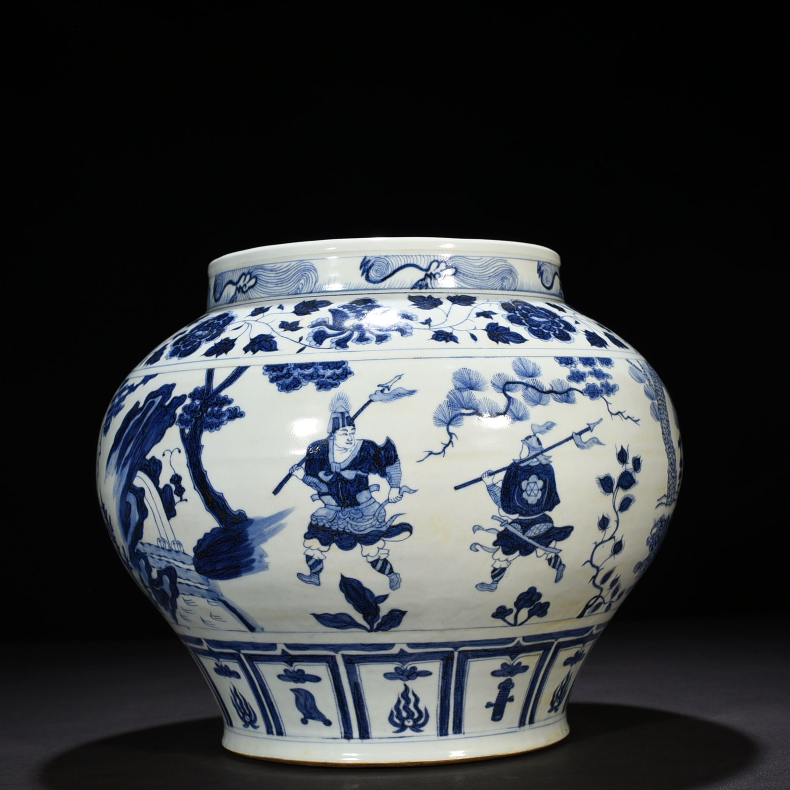 Yuan Dynasty blue and white Genghis Khan style jar with story patterns