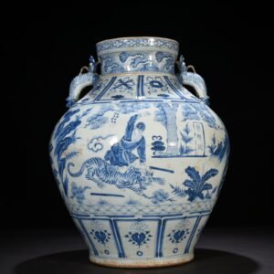 Yuan Dynasty blue and white tiger character story pattern double-eared large jar