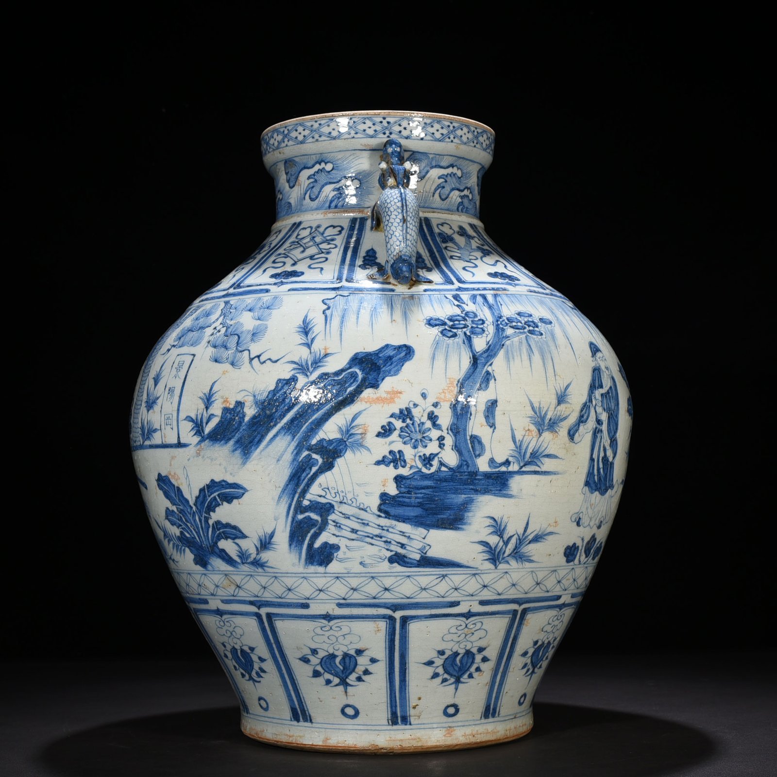 Yuan Dynasty blue and white tiger character story pattern double-eared large jar
