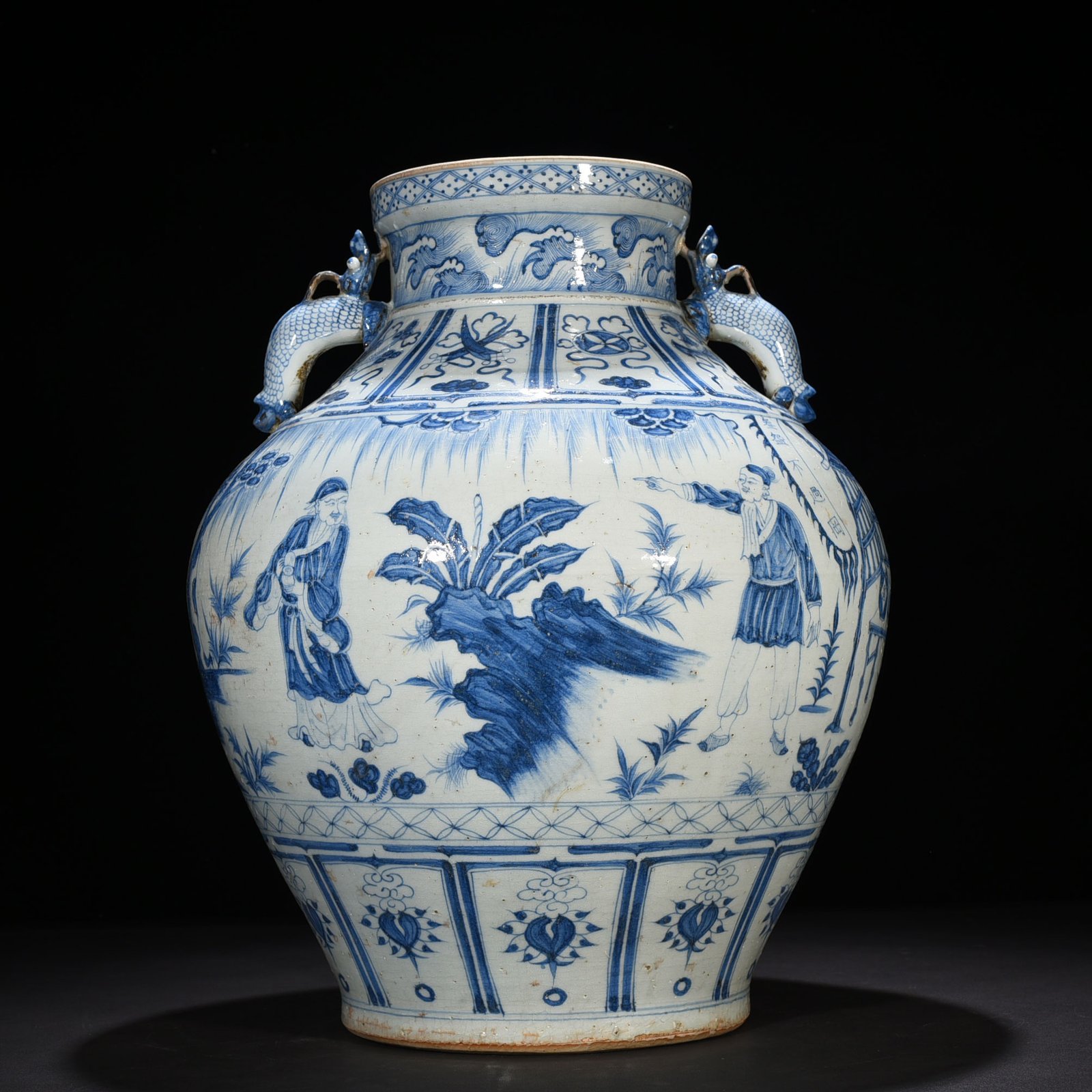 Yuan Dynasty blue and white tiger character story pattern double-eared large jar