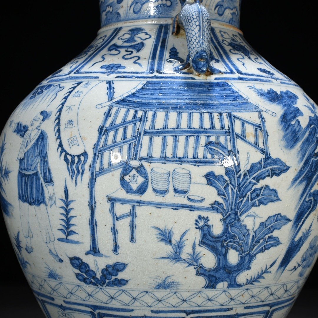 Yuan Dynasty blue and white tiger character story pattern double-eared large jar