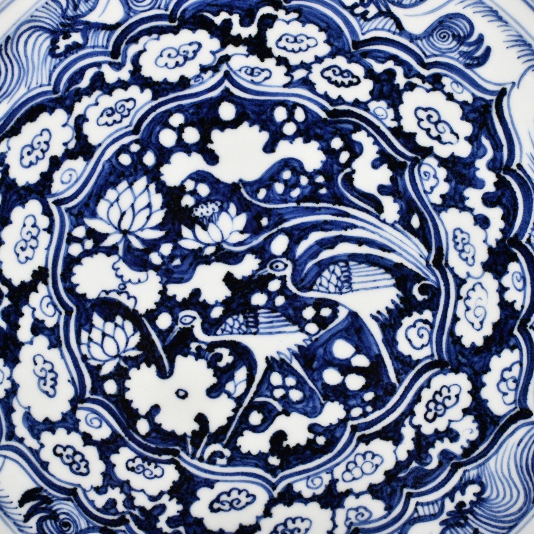 Yuan Dynasty blue and white Gu Kiln lotus pond mandarin duck pattern plate