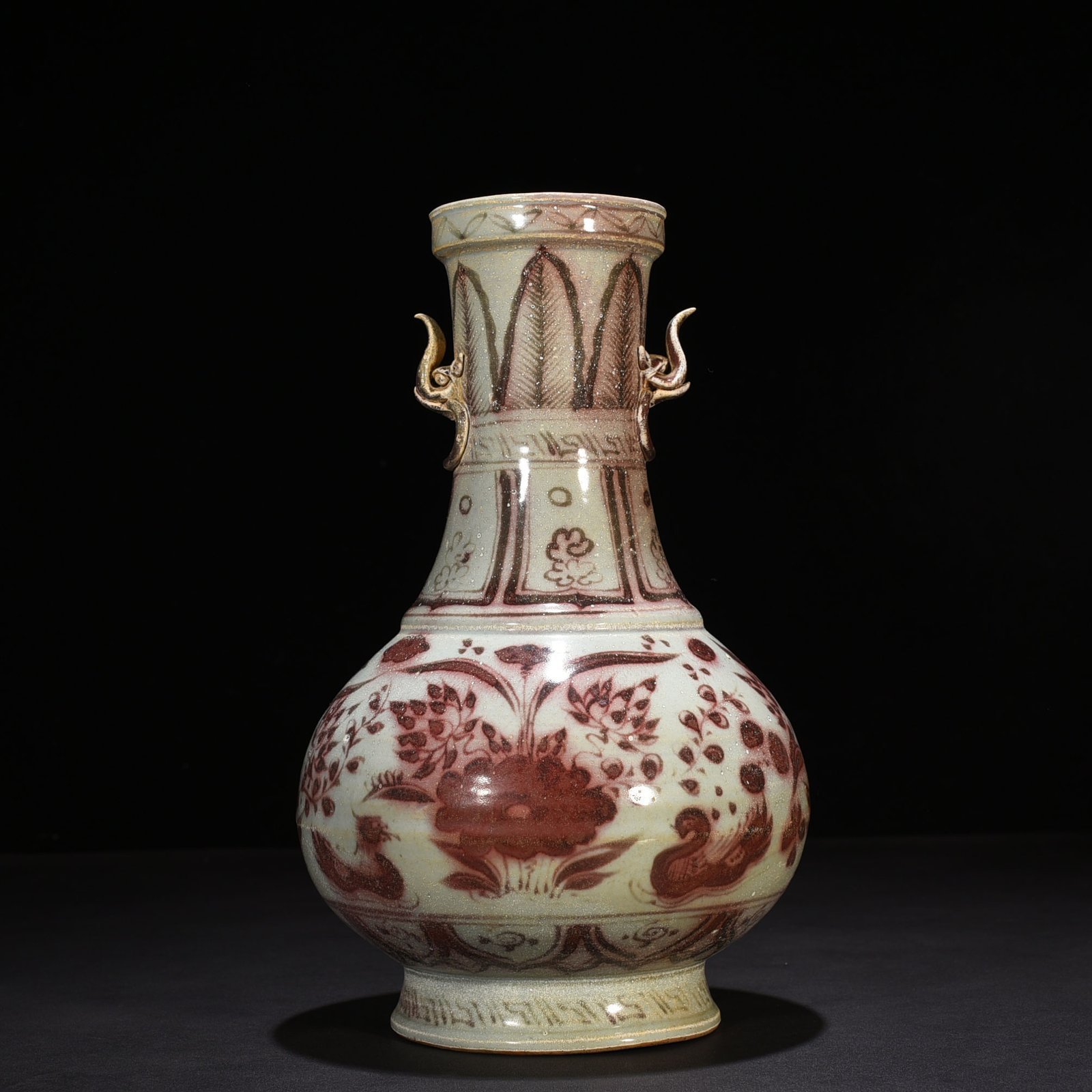 Yuan Dynasty blue and white lotus pond amphora with mandarin duck pattern