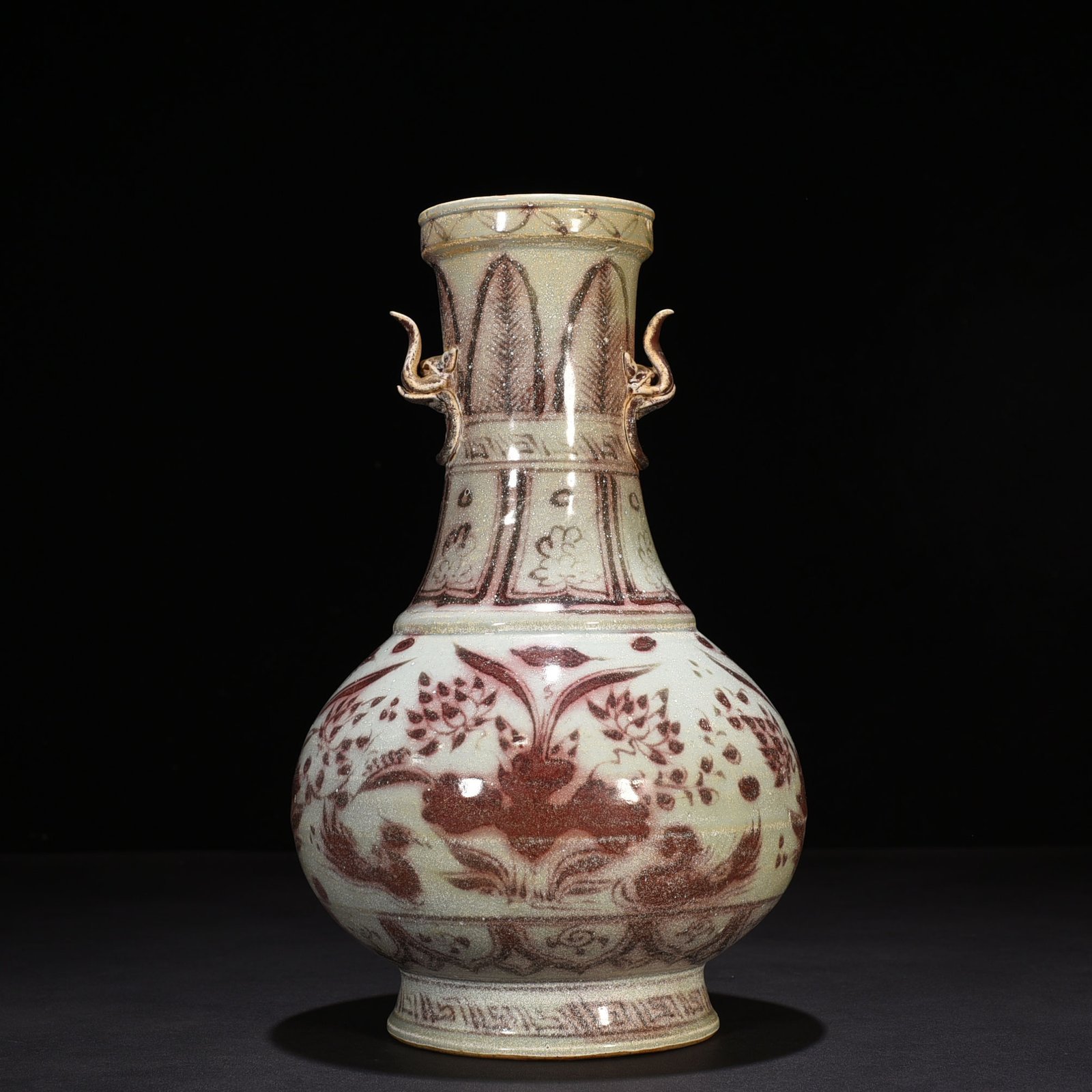 Yuan Dynasty blue and white lotus pond amphora with mandarin duck pattern