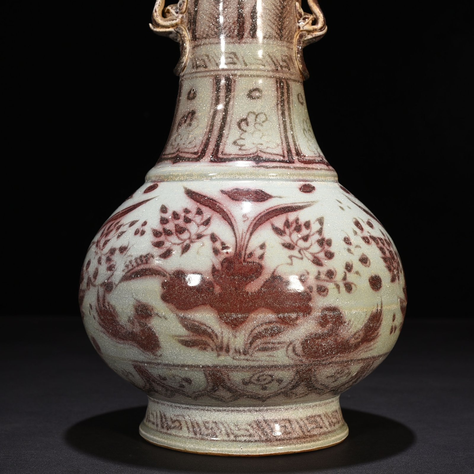 Yuan Dynasty blue and white lotus pond amphora with mandarin duck pattern
