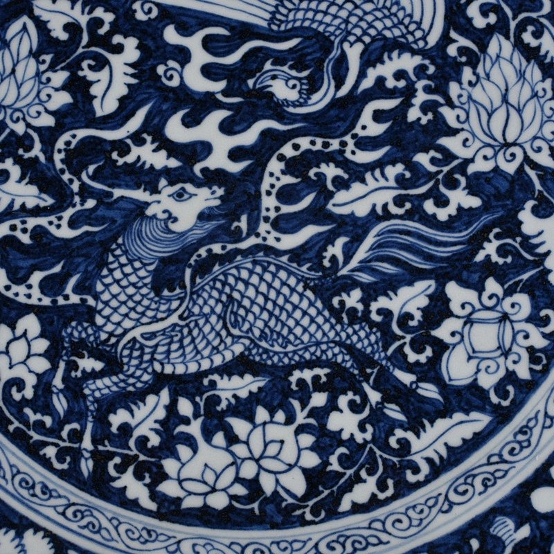 Yuan Dynasty blue and white flowers unicorn and phoenix pattern rhombus edge folding plate