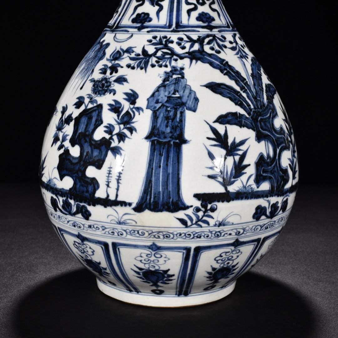 Yuan Dynasty blue and white jade pot spring vase with characters and stories