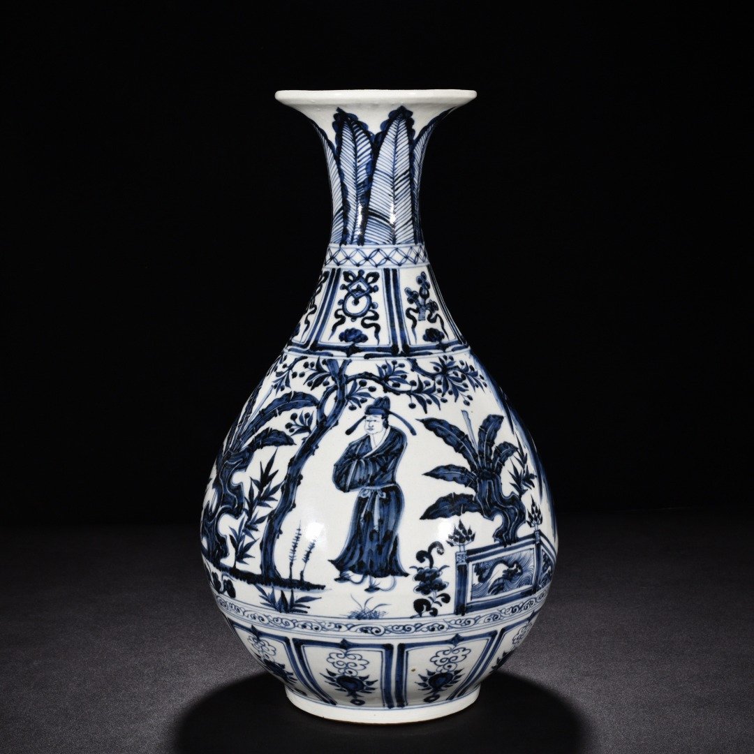 Yuan Dynasty blue and white jade pot spring vase with characters and stories